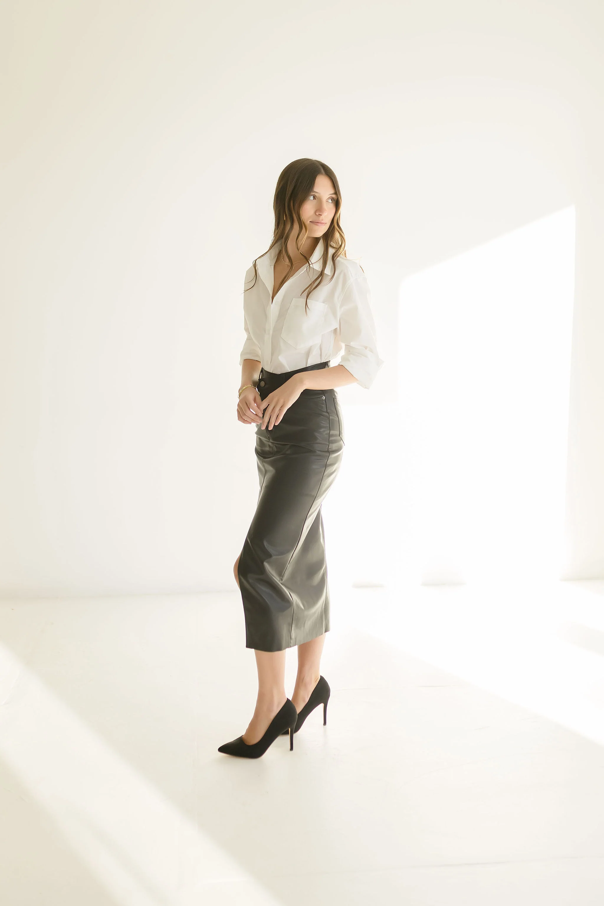 Jana High Waist Crossover Faux Leather Midi Skirt Black