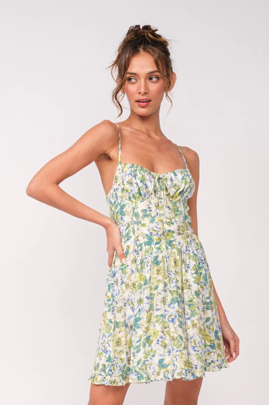 Gloria Sleeveless Corset Floral Print Mini Dress Green