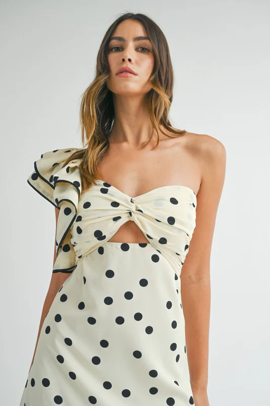 Monique One Shoulder Polka Dot Print Maxi Dress Cream