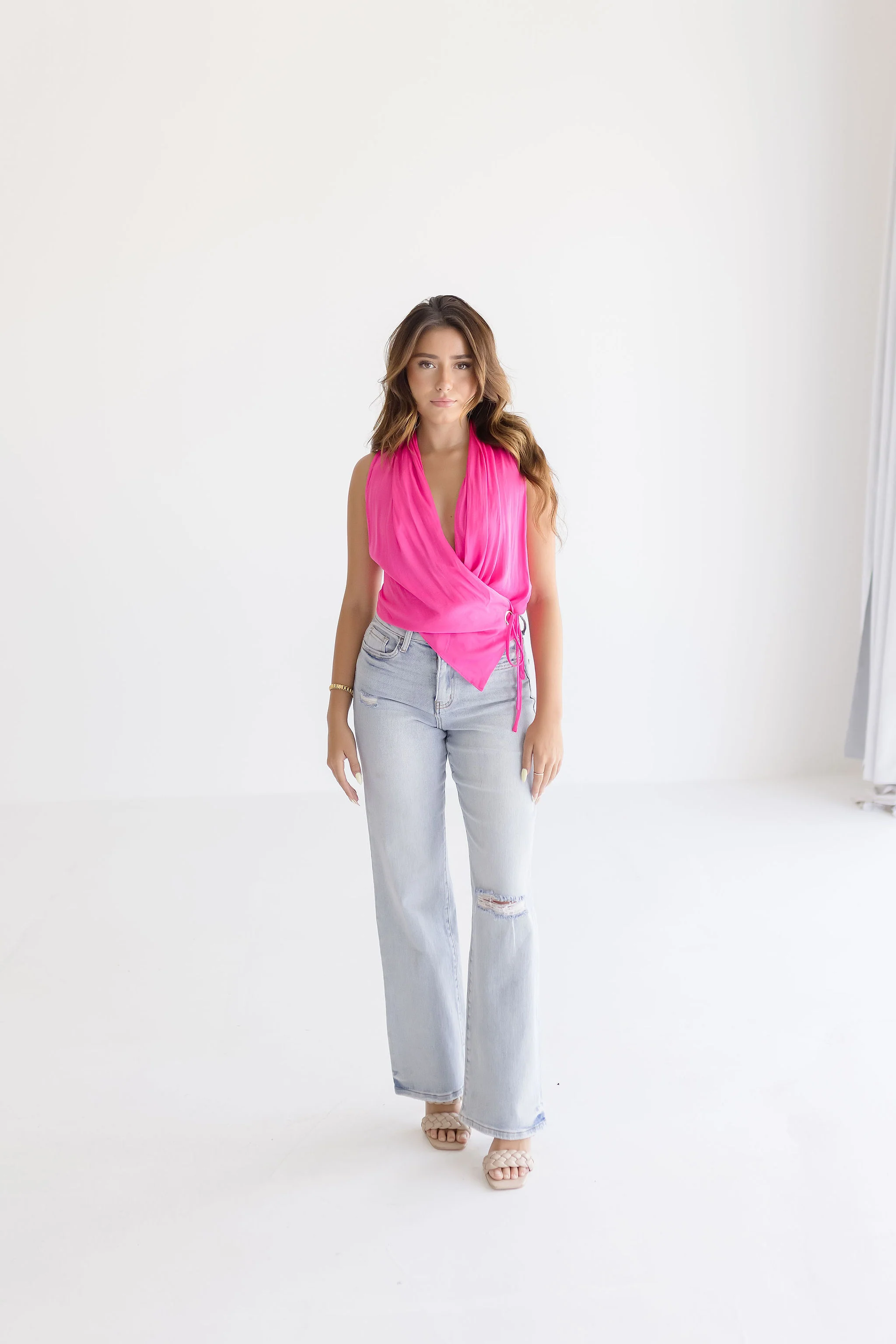 Melanie Sleeveless Wrap Grommet Top Pink