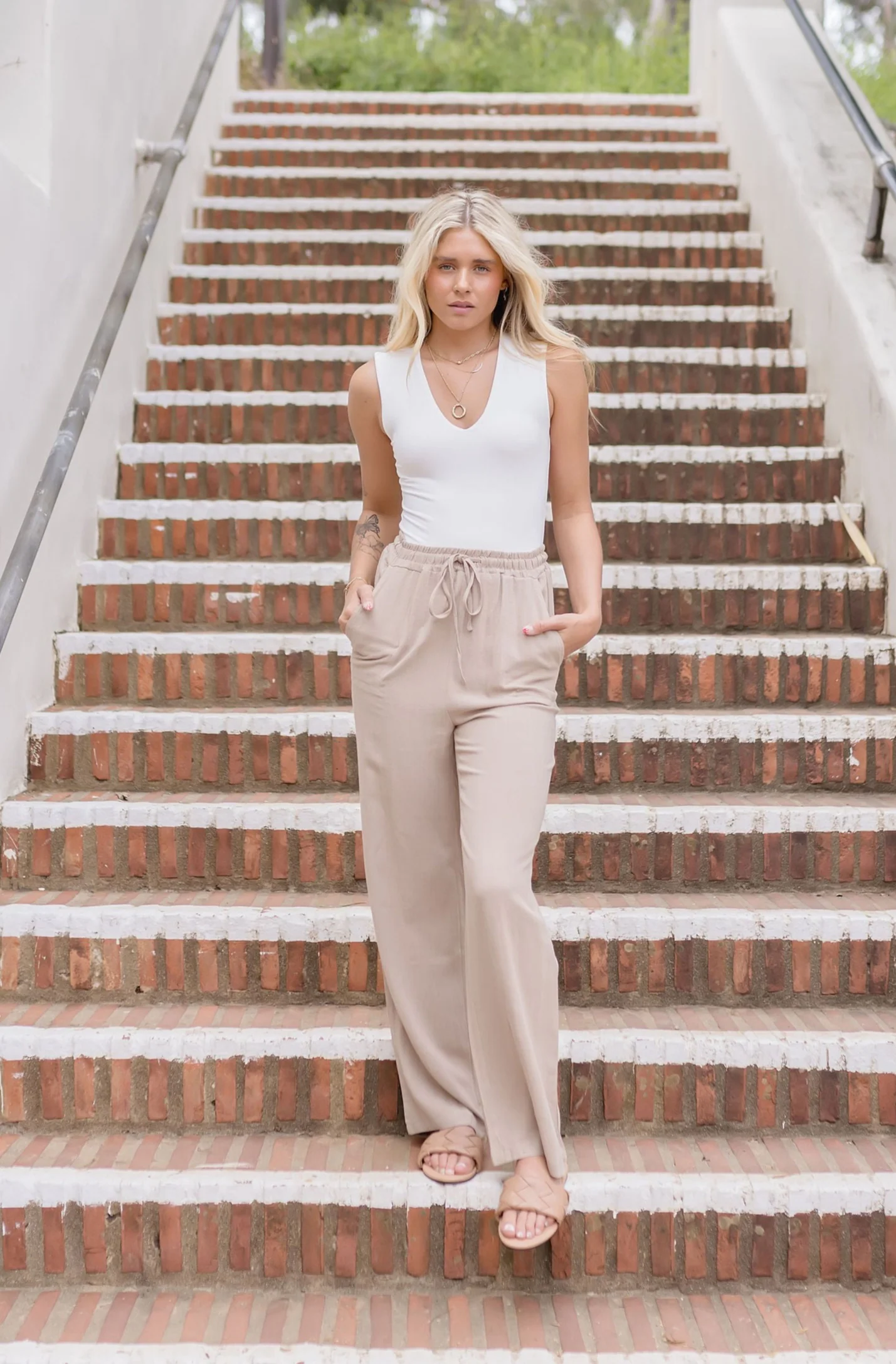 Janis Drawstring Linen Wide Leg Pants Taupe