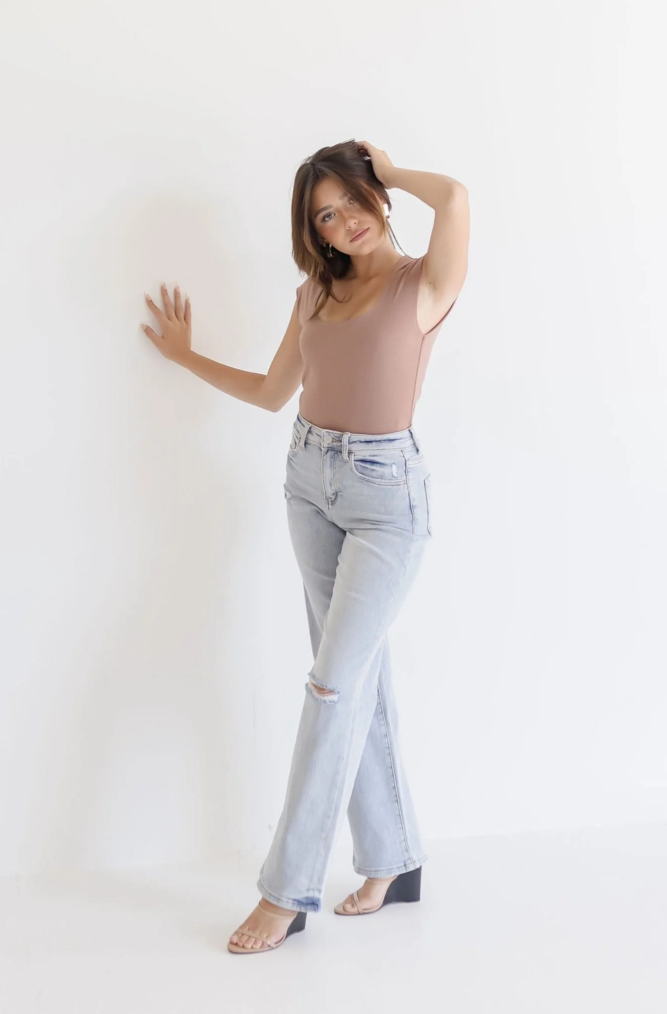 Alana High Rise Distressed Flare Leg Jeans Light Wash