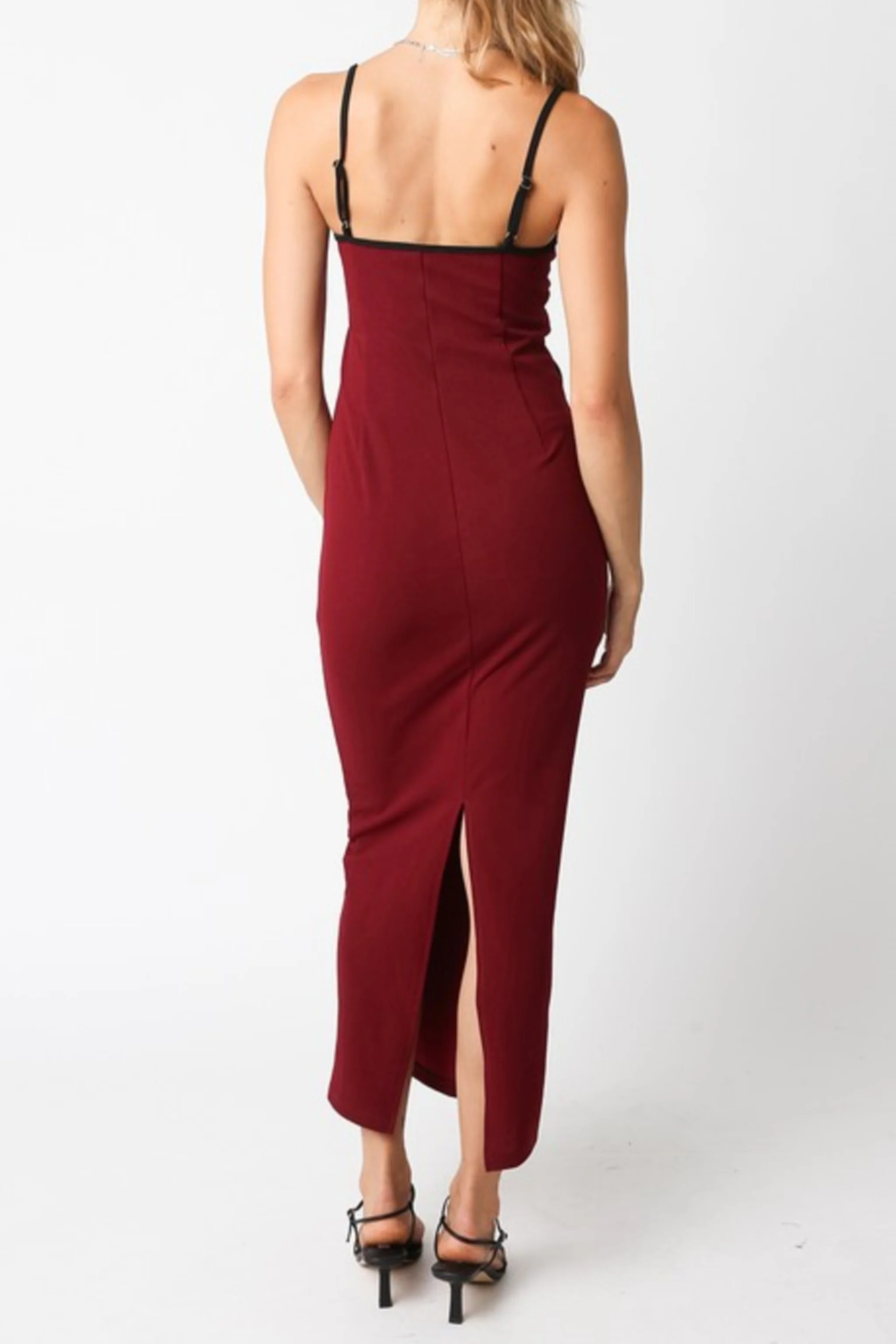 Addy Sleeveless Contrast Stitching Midi Dress Burgundy
