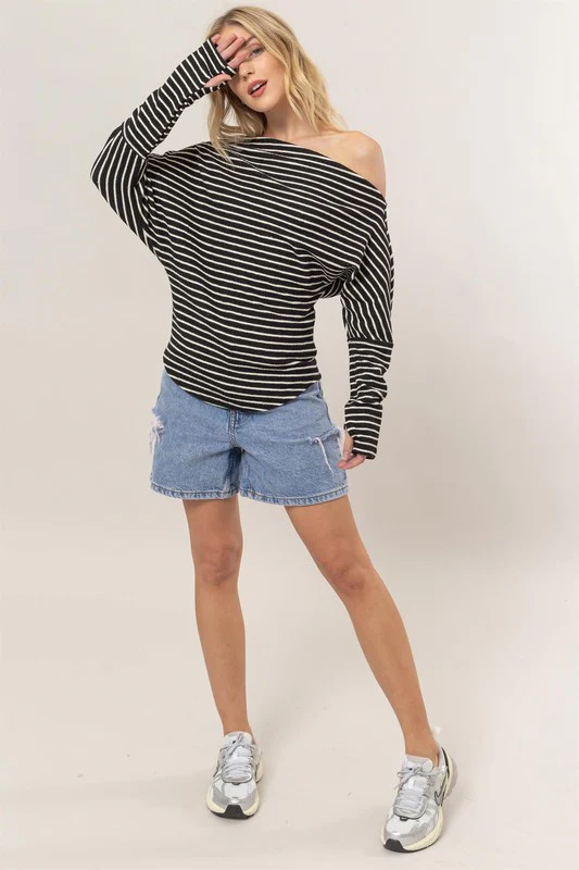 Carla Long Sleeve One Shoulder Striped Sweater Top Black