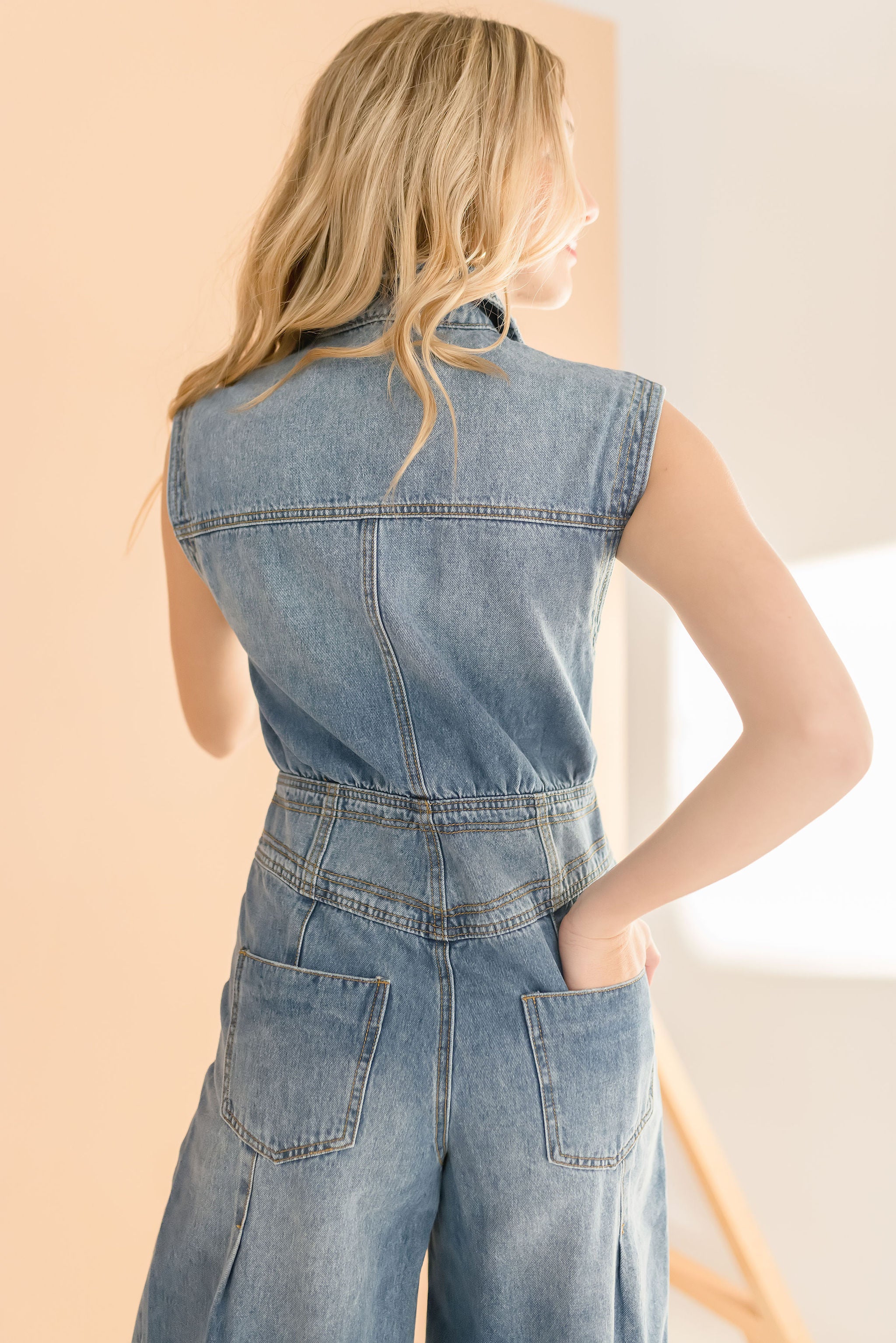 Becca Sleeveless Button Down Denim Jumpsuit Medium Wash