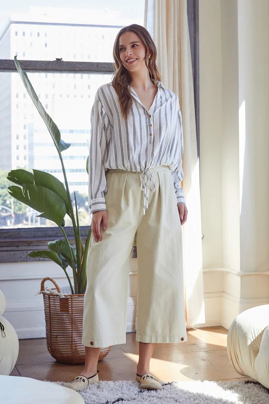 Colleen Long Sleeve Drawstring Stripe Print Top White