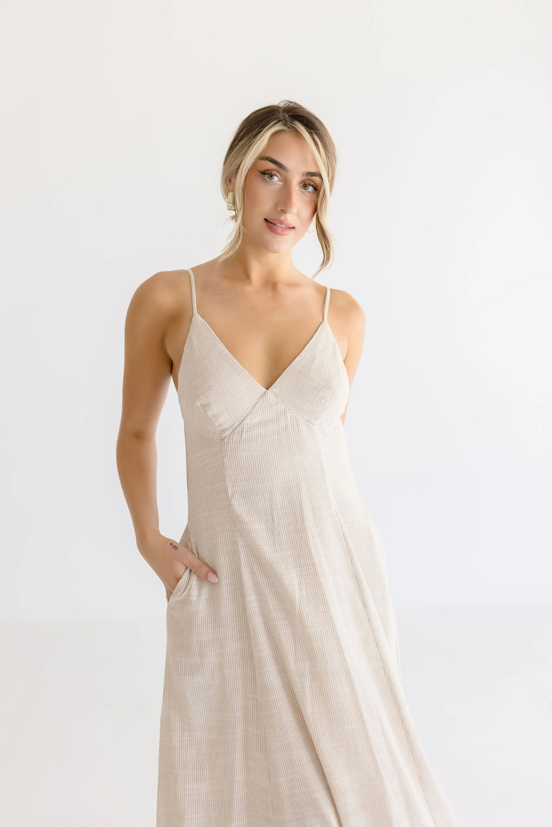 Britton Sleeveless Open Back Stripe Linen Maxi Dress Taupe