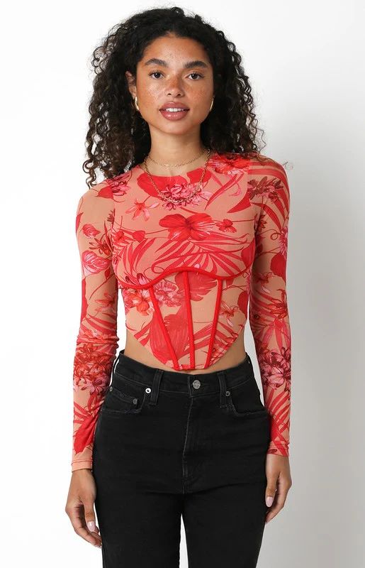 Justine Long Sleeve Floral Print Corset Crop Top Red