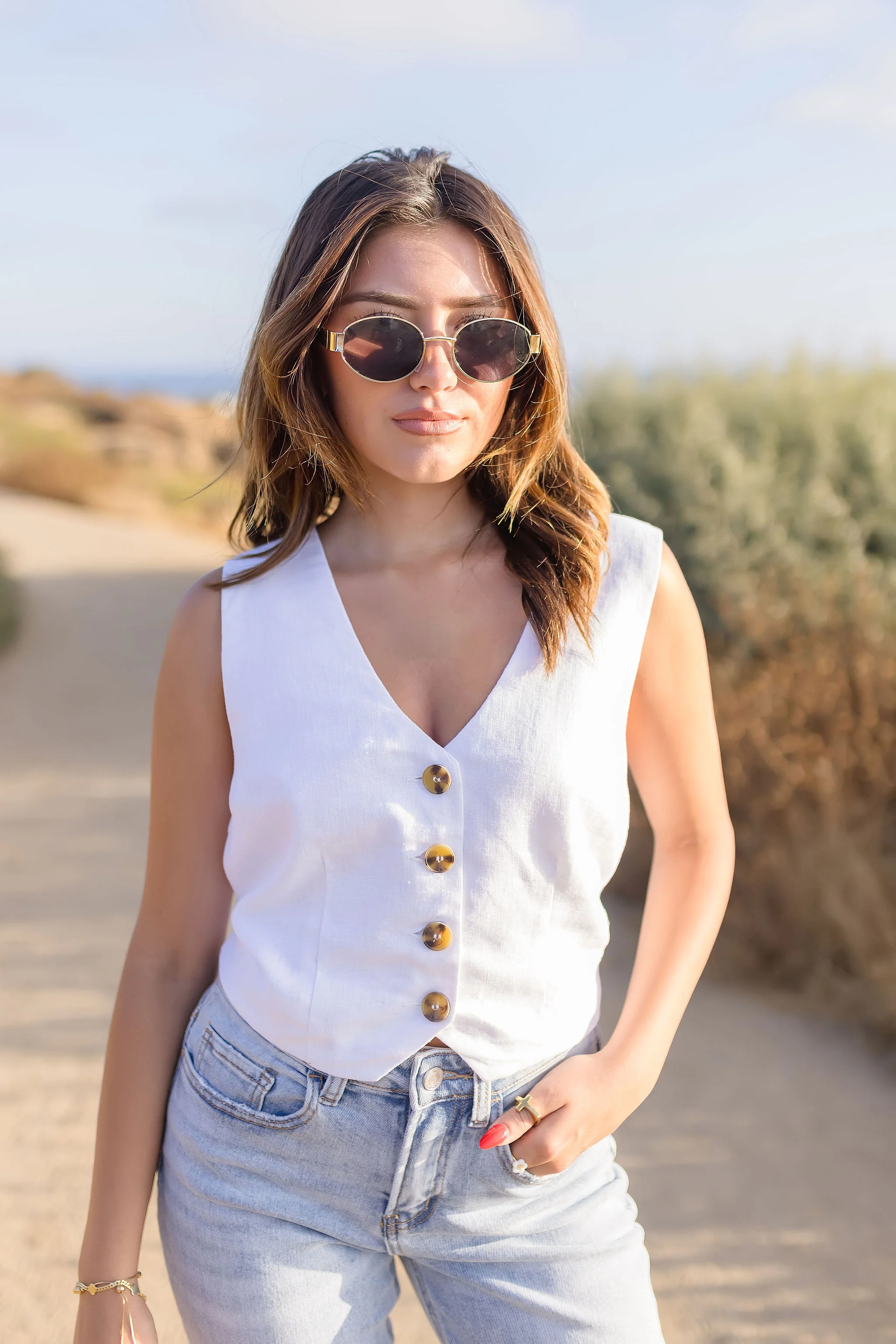 Amy Button Down Linen Vest White