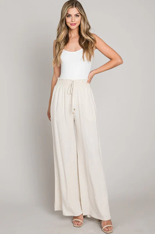 Anne Drawstring Linen Wide Leg Pants Nude