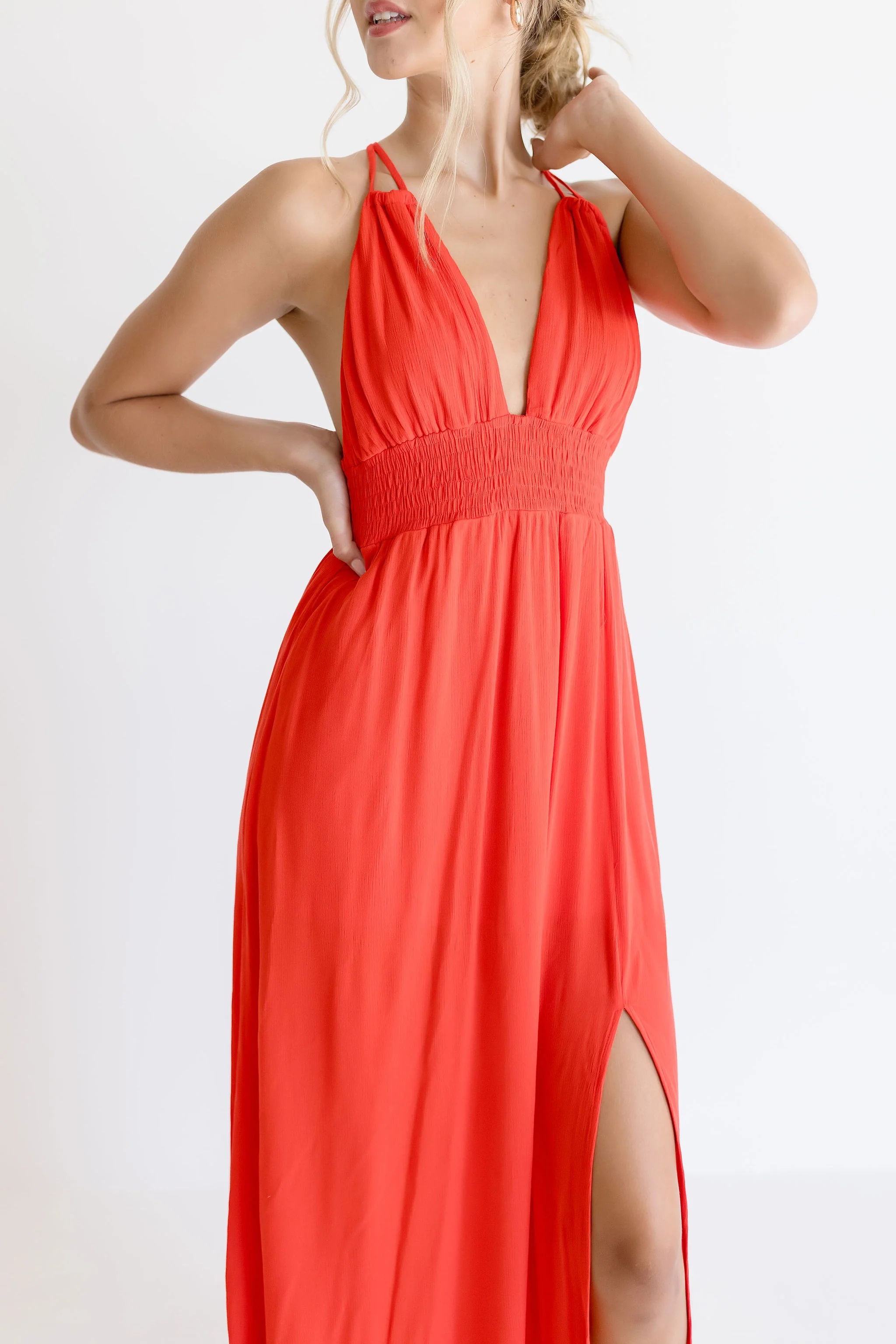 Astrid Open Back Halter Tie Maxi Dress Red