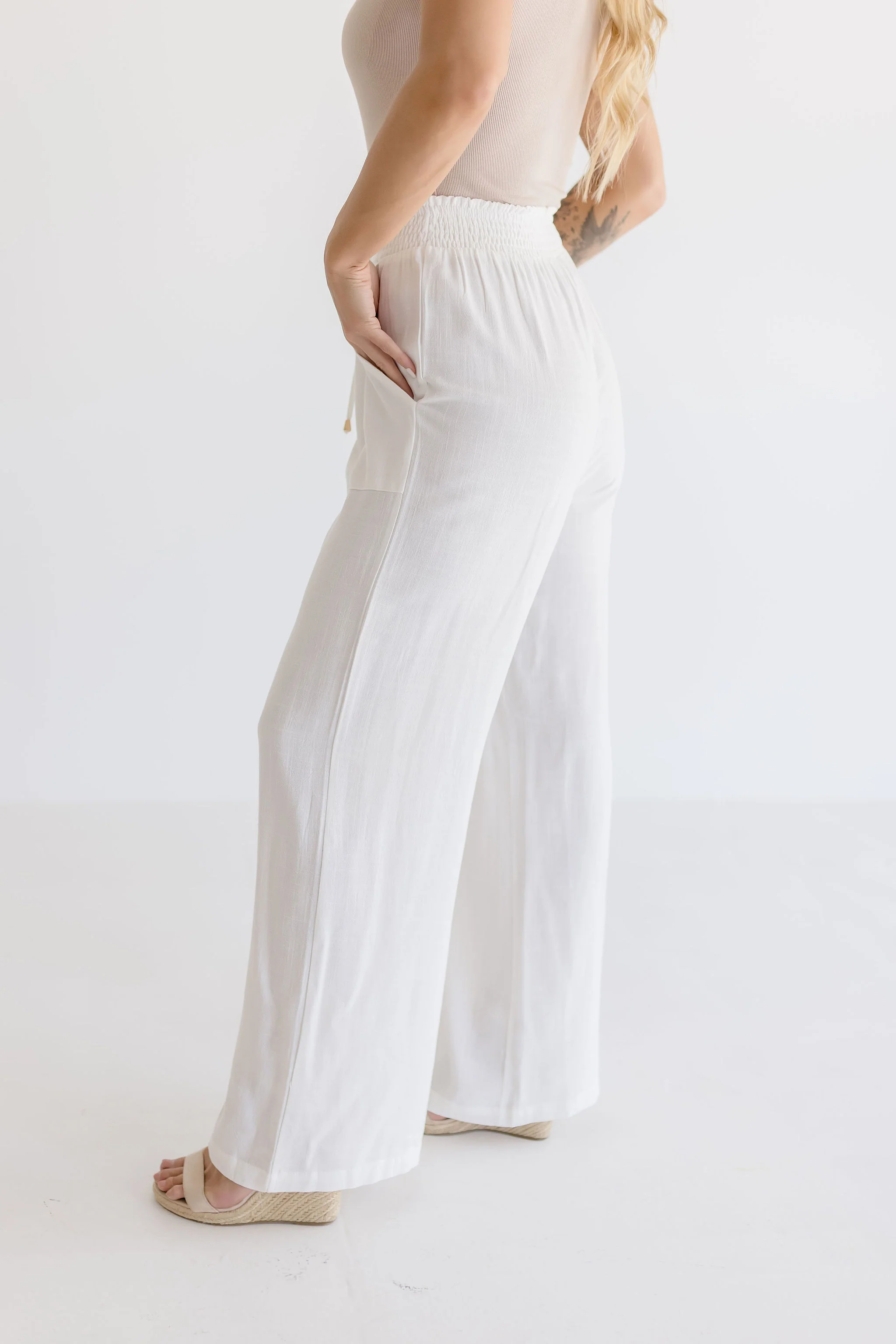 Anne Drawstring Linen Wide Leg Pants White