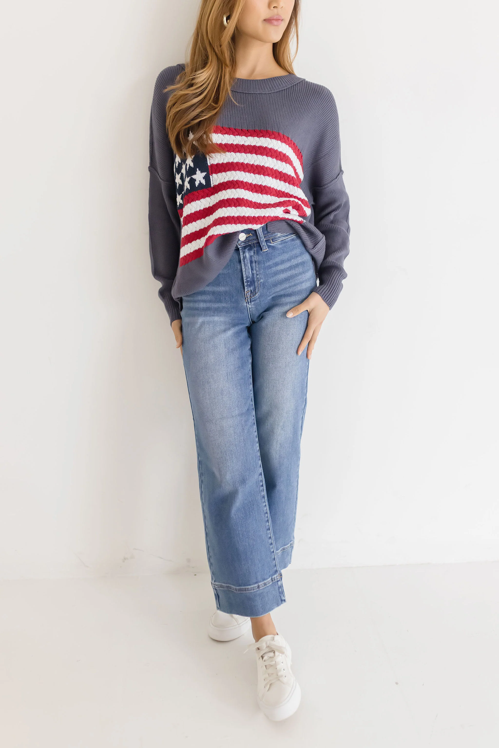 America Flag Print Sweater Top Navy
