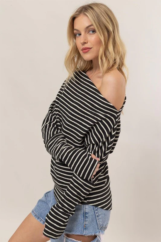 Carla Long Sleeve One Shoulder Striped Sweater Top Black