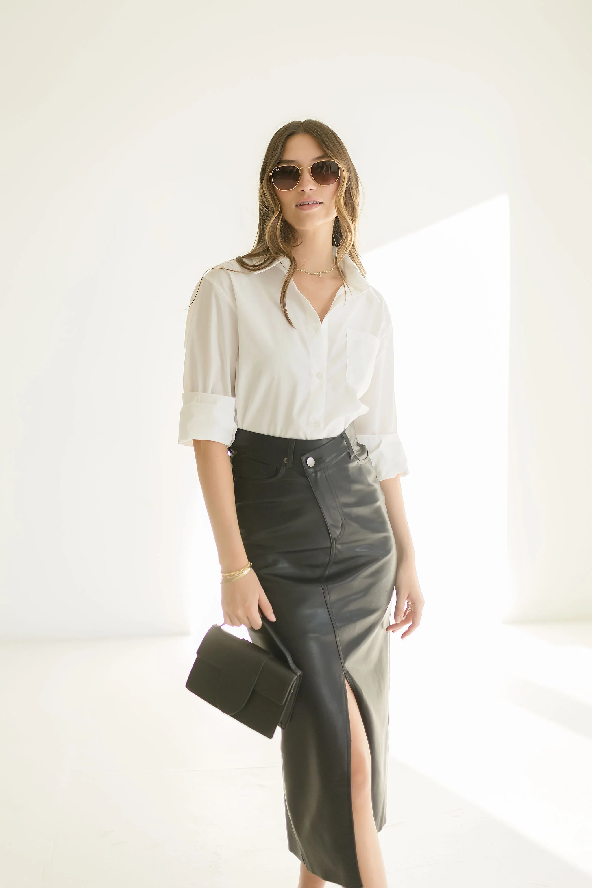 Jana High Waist Crossover Faux Leather Midi Skirt Black