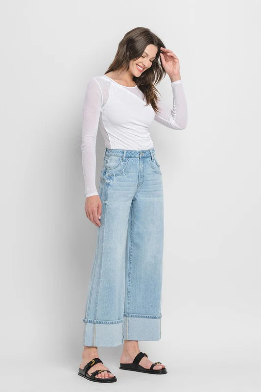 Waitlist 10/20 ♥ Ariana High Rise Cruffed Wide Leg Jeans Light Wash