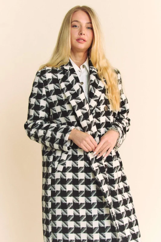 Watilist 9/18 ♥ Madison Long Sleeve Houndstooth Print Tweed Coat Black
