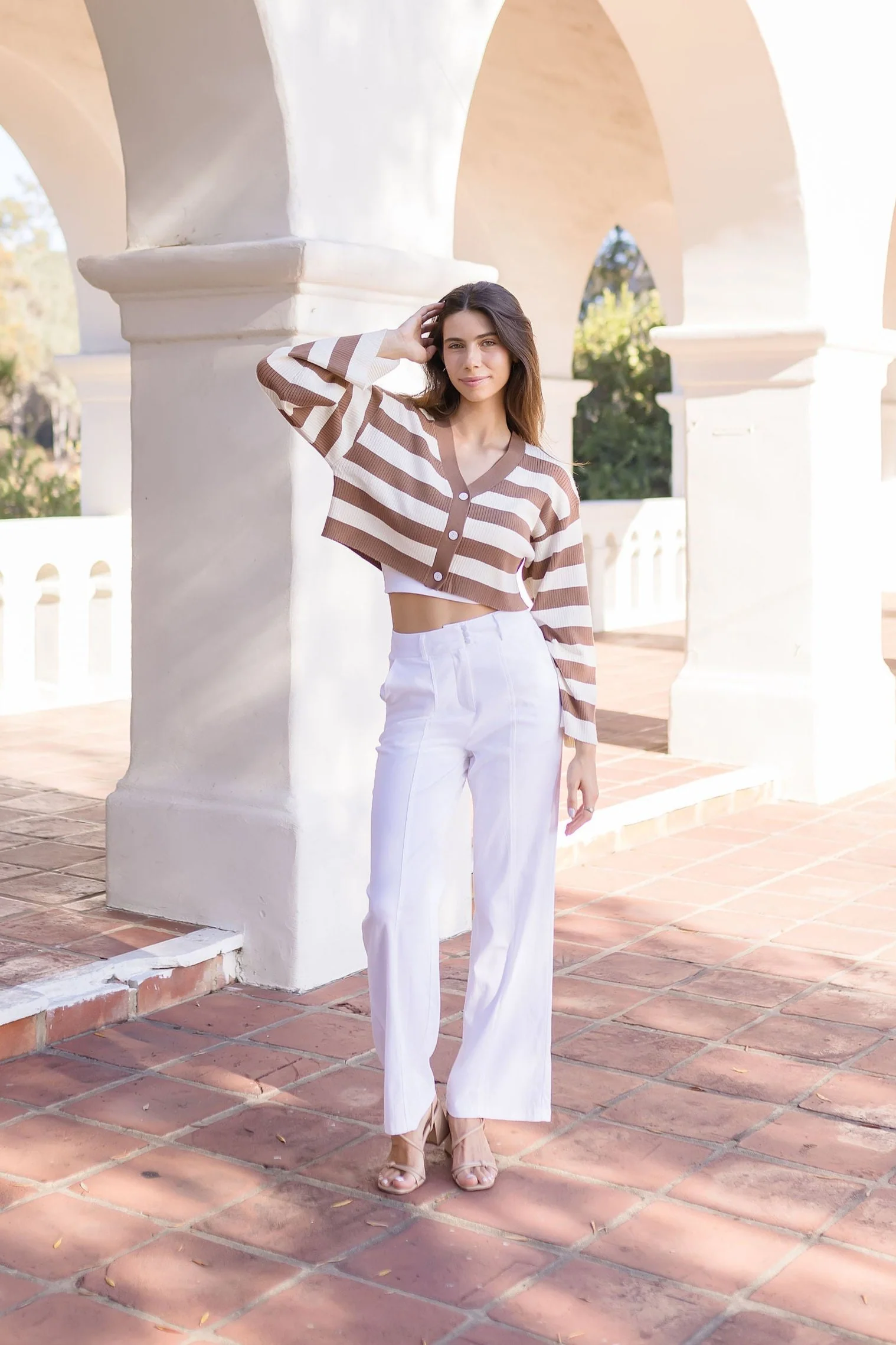 Leticia Long Sleeve Stripe Print Cropped Cardigan Taupe