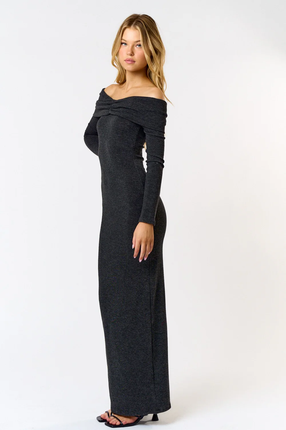 Waitlist 10/10 ♥ Roxanne Off The Shoulder Long Sleeve Ribbed Maxi Dress Charcoal