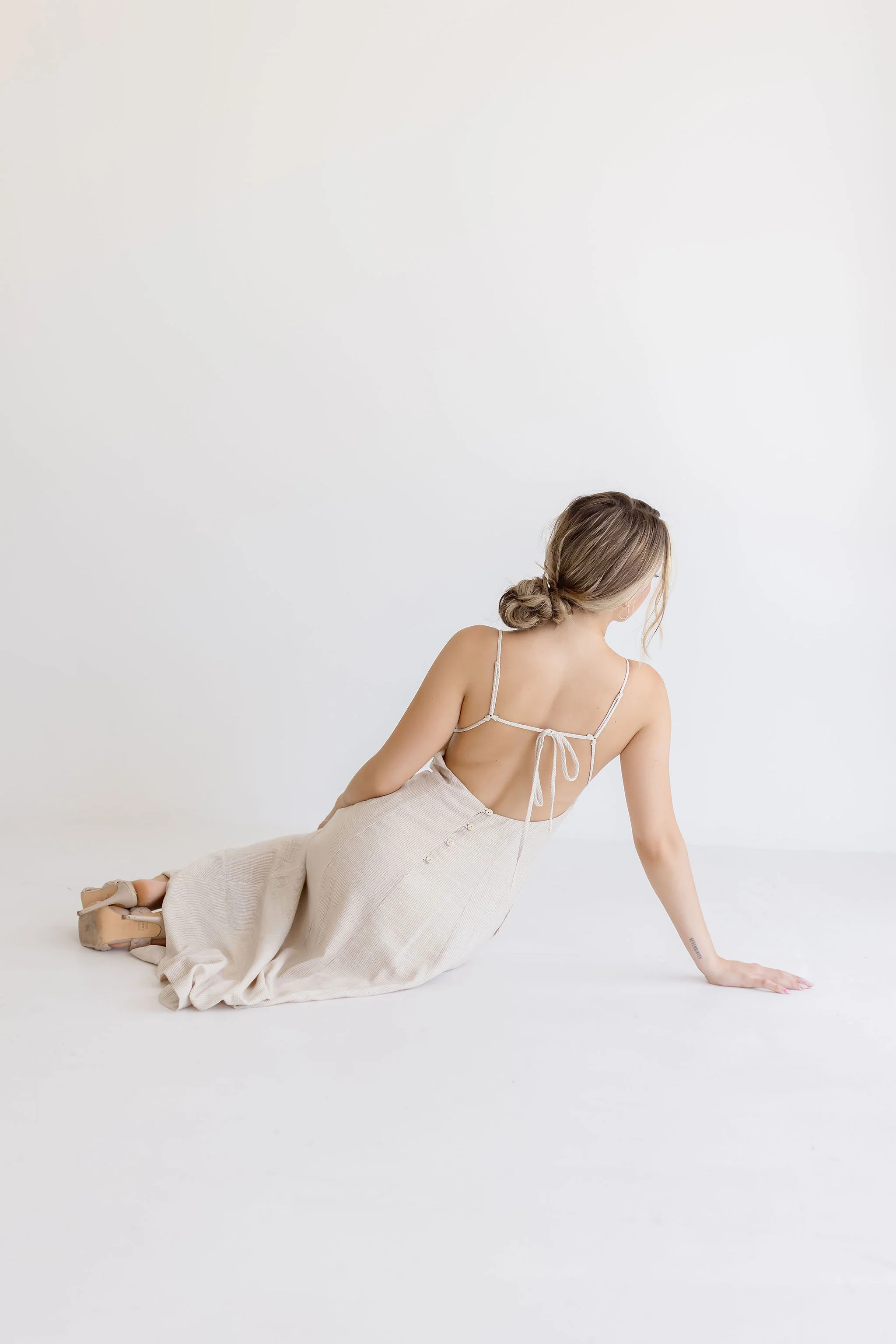 Britton Sleeveless Open Back Stripe Linen Maxi Dress Taupe