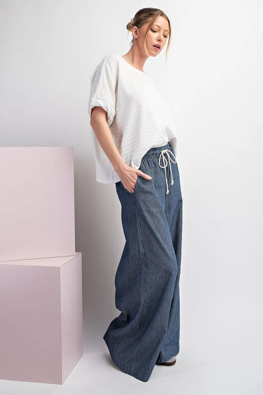 Marissa Drawstring Pinstripe Wide Leg Pants Navy