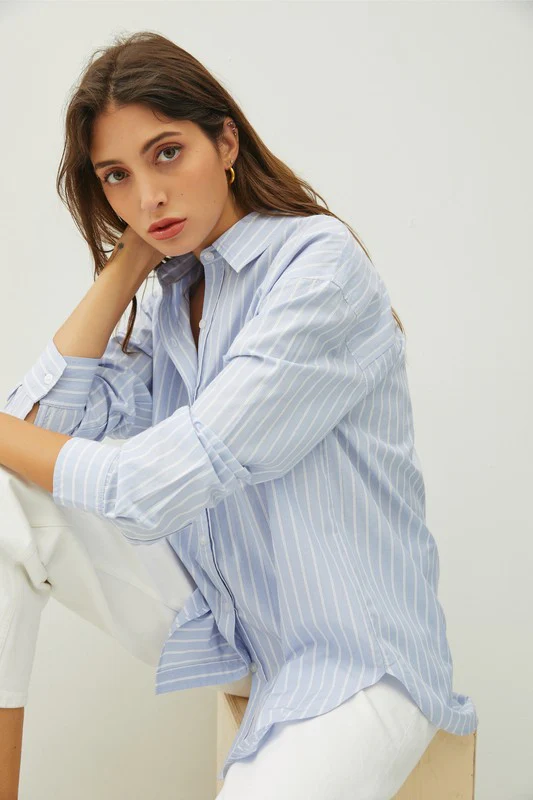 Libby Long Sleeve Button Down Oversized Stripe Print Top Light Blue