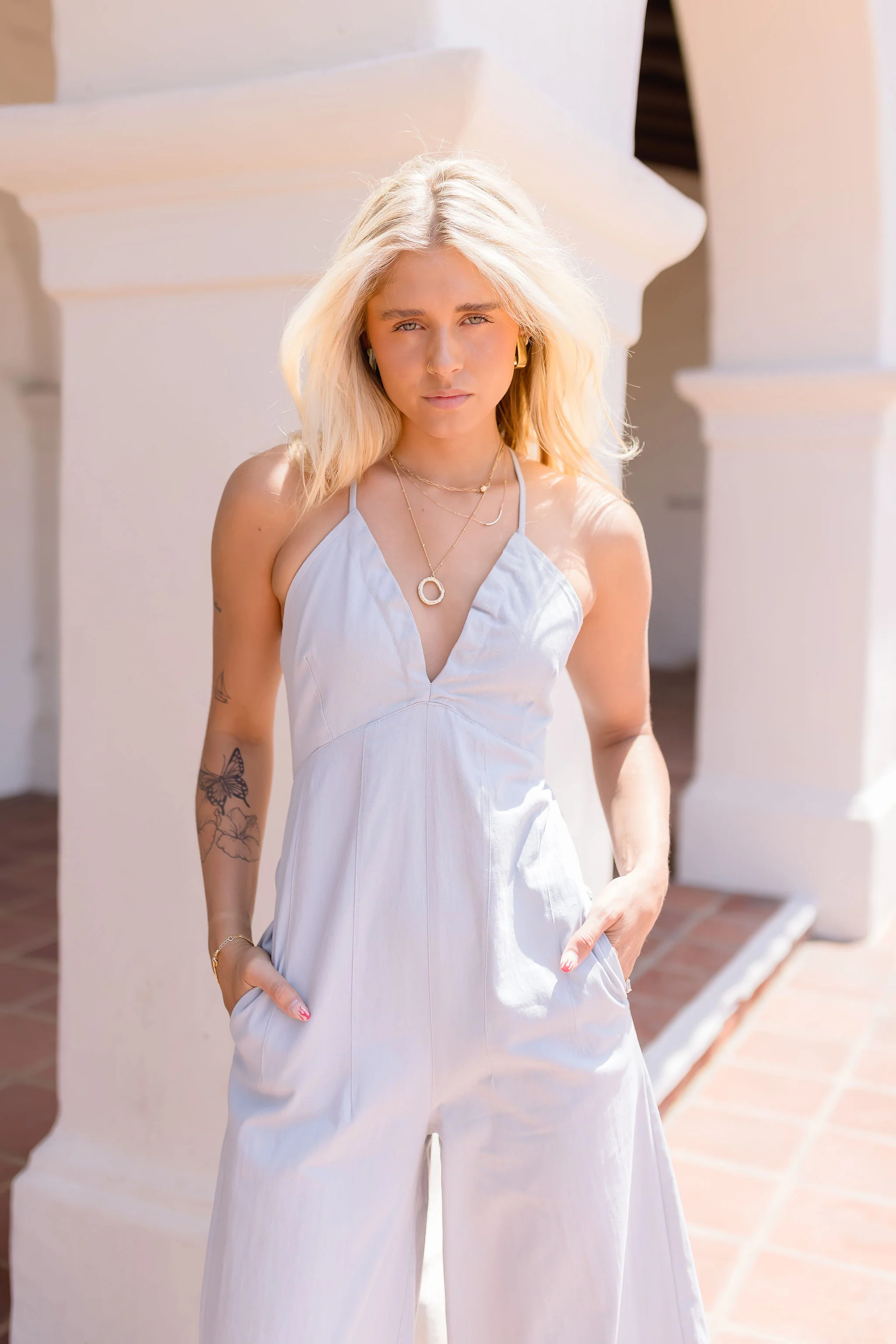 Leanna Sleeveless Criss Cross Back Denim Jumpsuit Blue