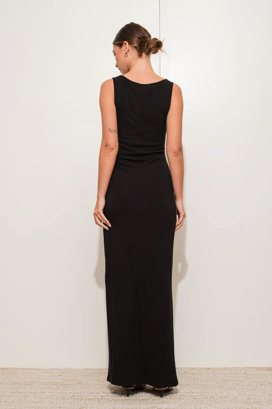 Watilist 9/4 ♥ Kellan Sleeveless Front Tie Ribbed Knit Maxi Dress Black