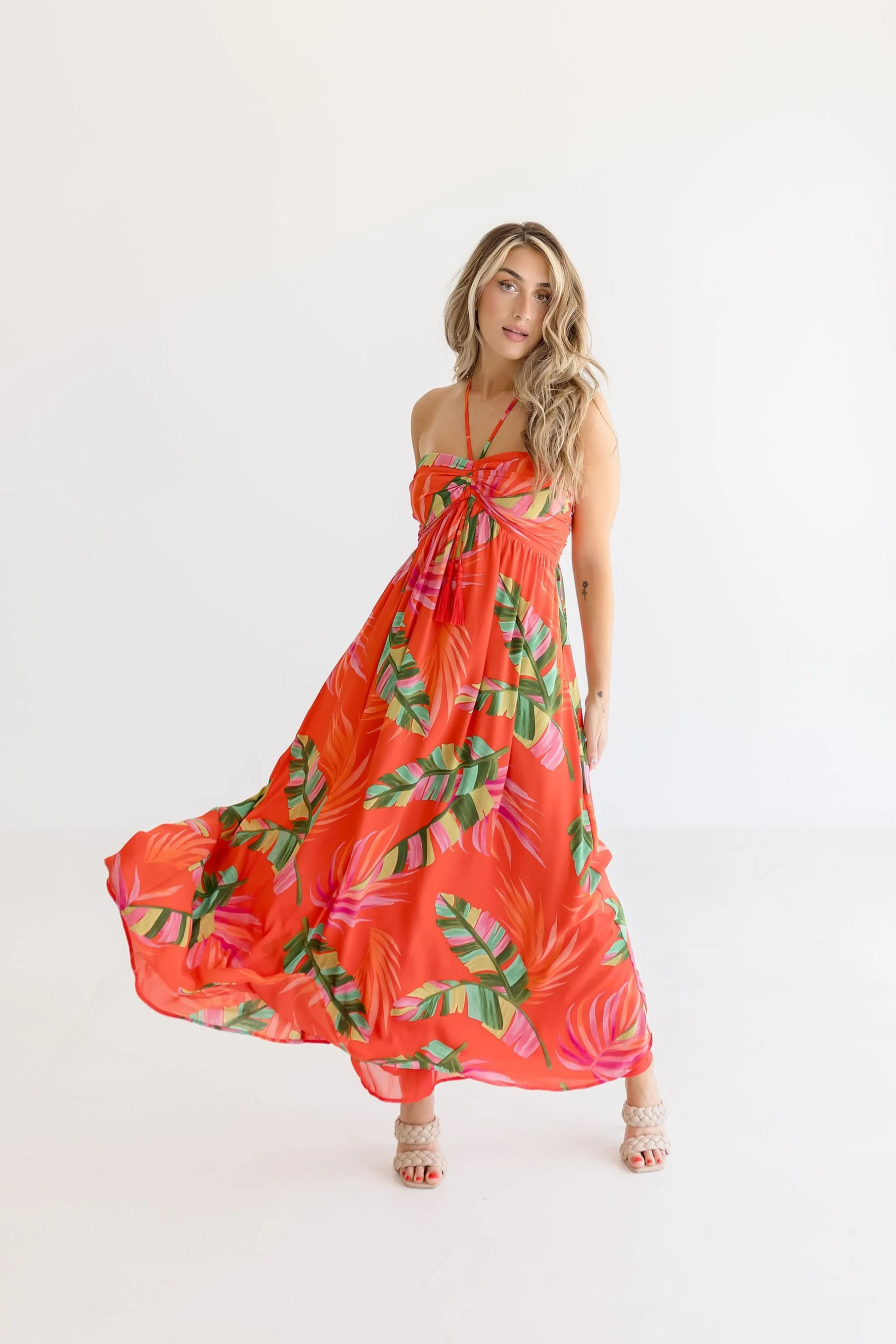 Perry Sleeveless Halter Tie Tropical Print Maxi Dress Orange