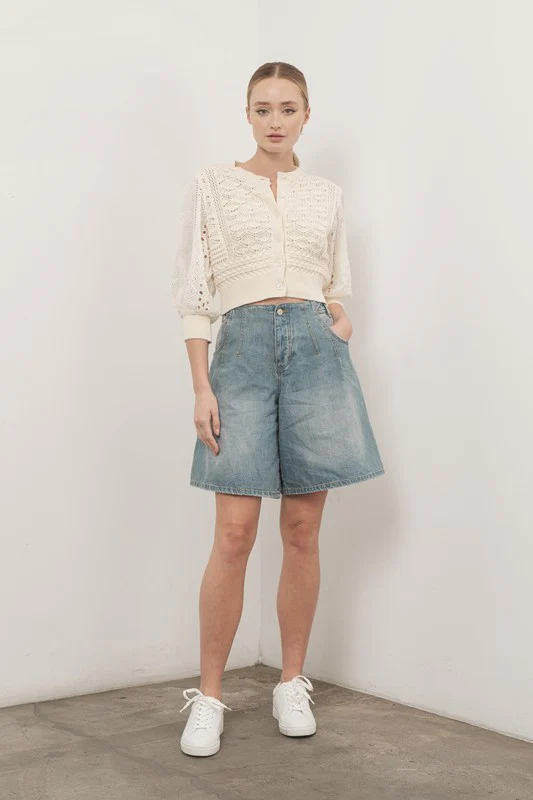 Waitlist 9/5 ♥ Paige 3/4 Sleeve Crochet Cardigan Sweater Top Cream