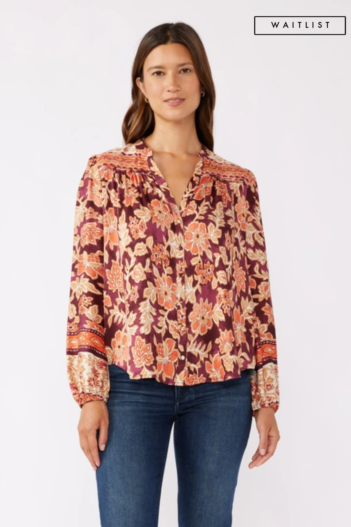 Waitlist 9/25 ♥ Angie Long Sleeve Button Down Floral Print Top Burgundy
