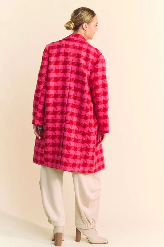 Waitlist 10/9 ♥ Madison Long Sleeve Houndstooth Print Tweed Coat Pink