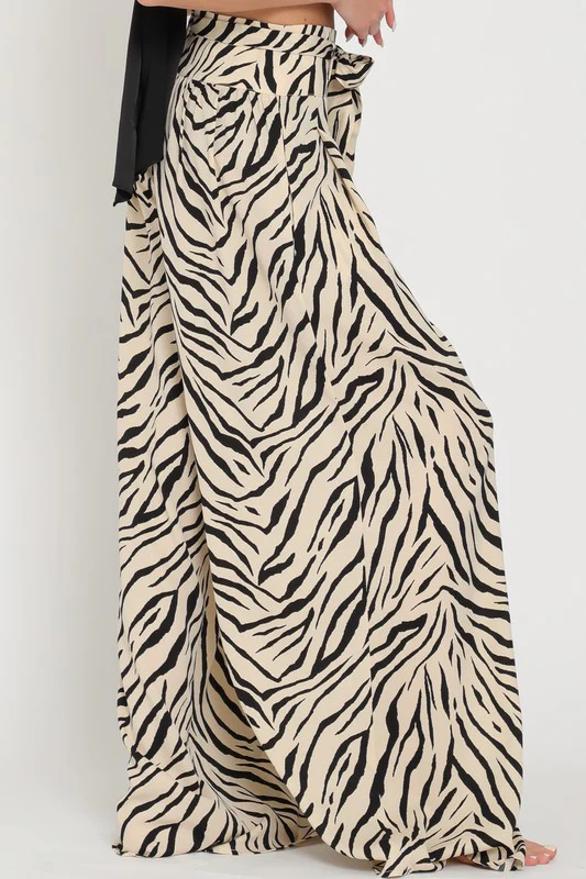 Waitlist 8/30 ♥ Alex High Waist Tie Zebra Print Wide Leg Pants Beige