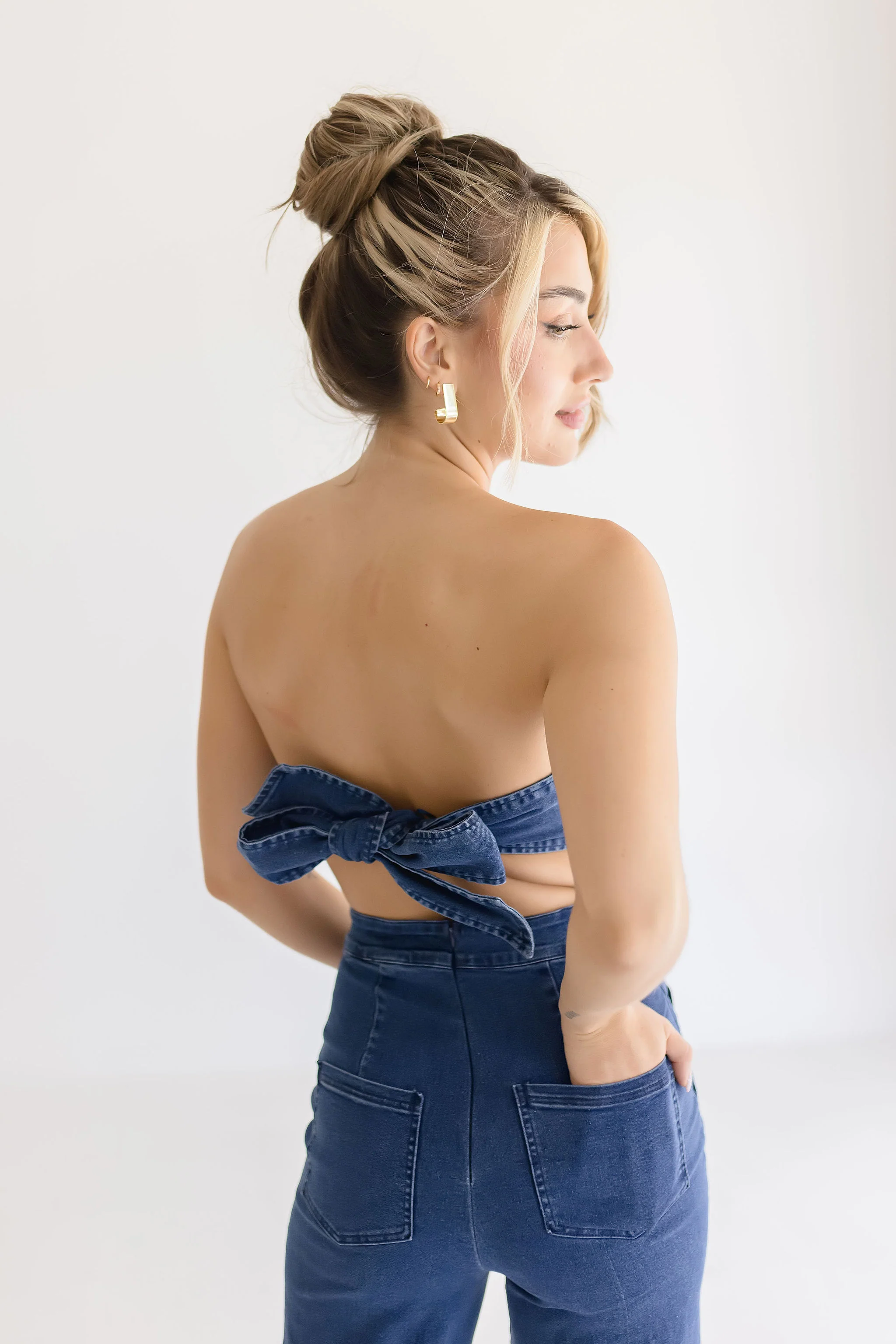 Charli Sleeveless Back Tie Wide Leg Denim Jumpsuit Dark Wash