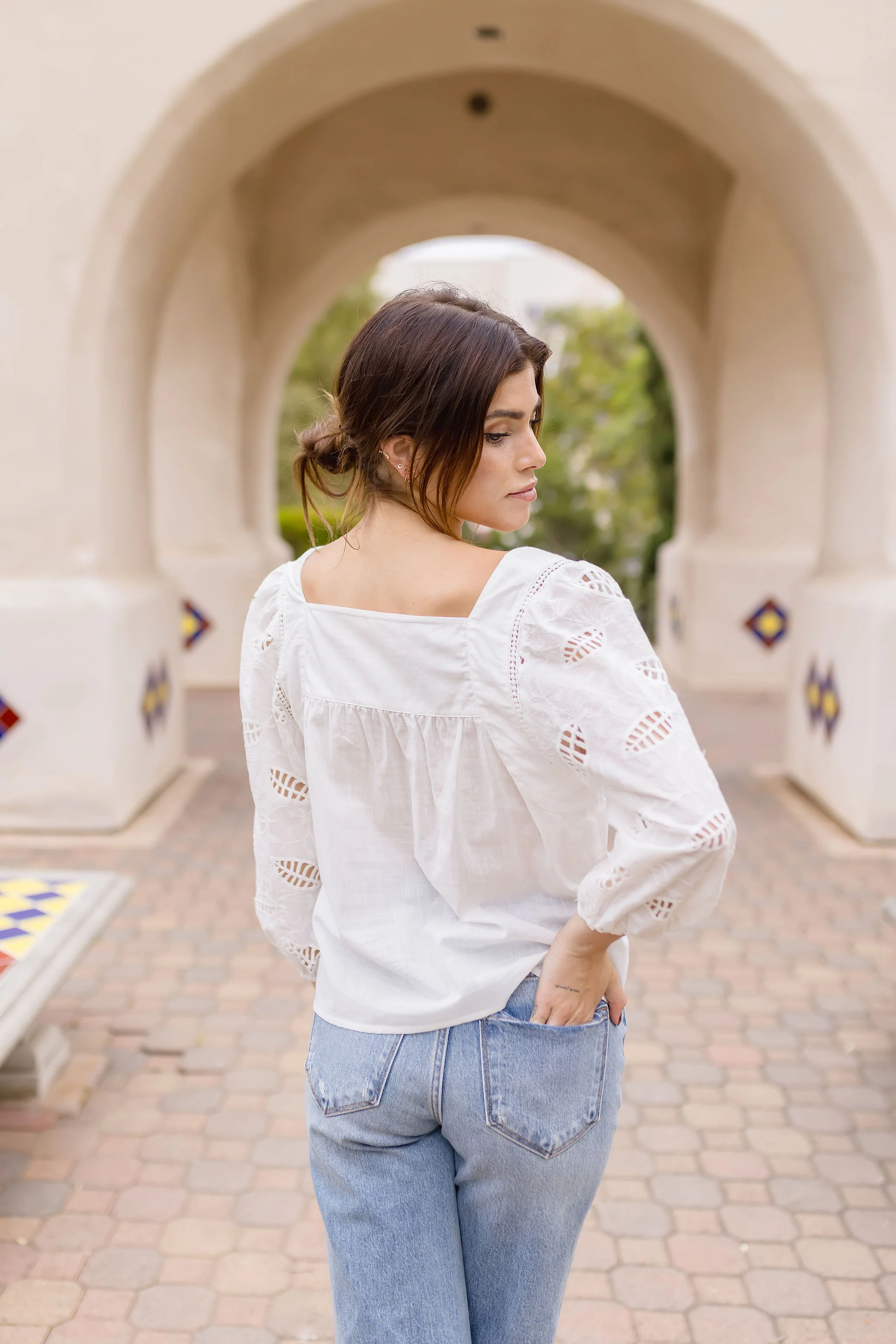 Abbott 3/4 Sleeve Embroidered Top White