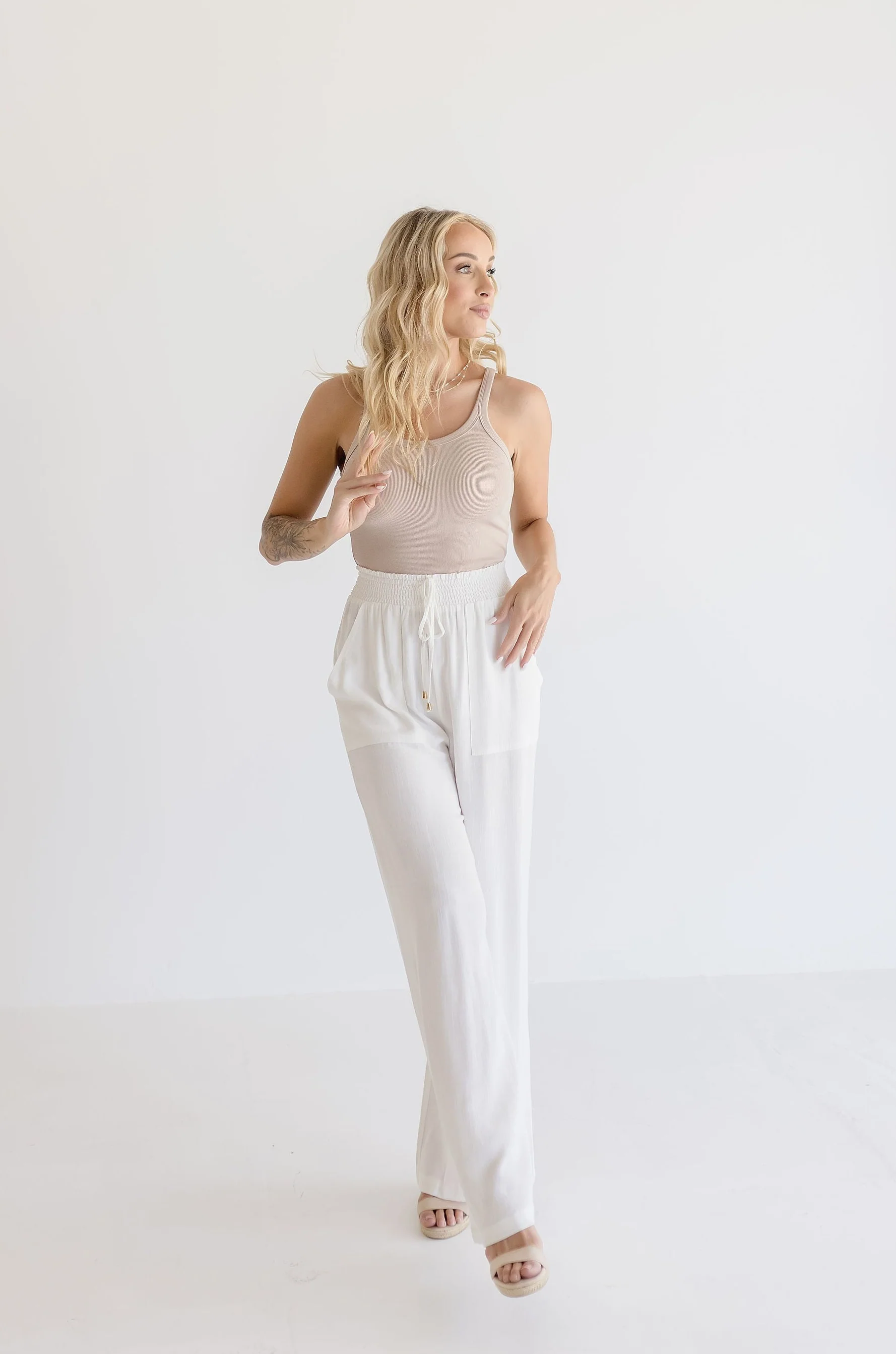 Anne Drawstring Linen Wide Leg Pants White