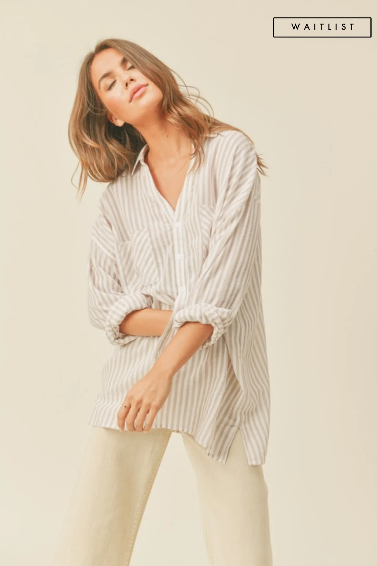 Waitlist 8/31 ♥ Chandler Long Sleeve Stripe Print Button Down Top Beige