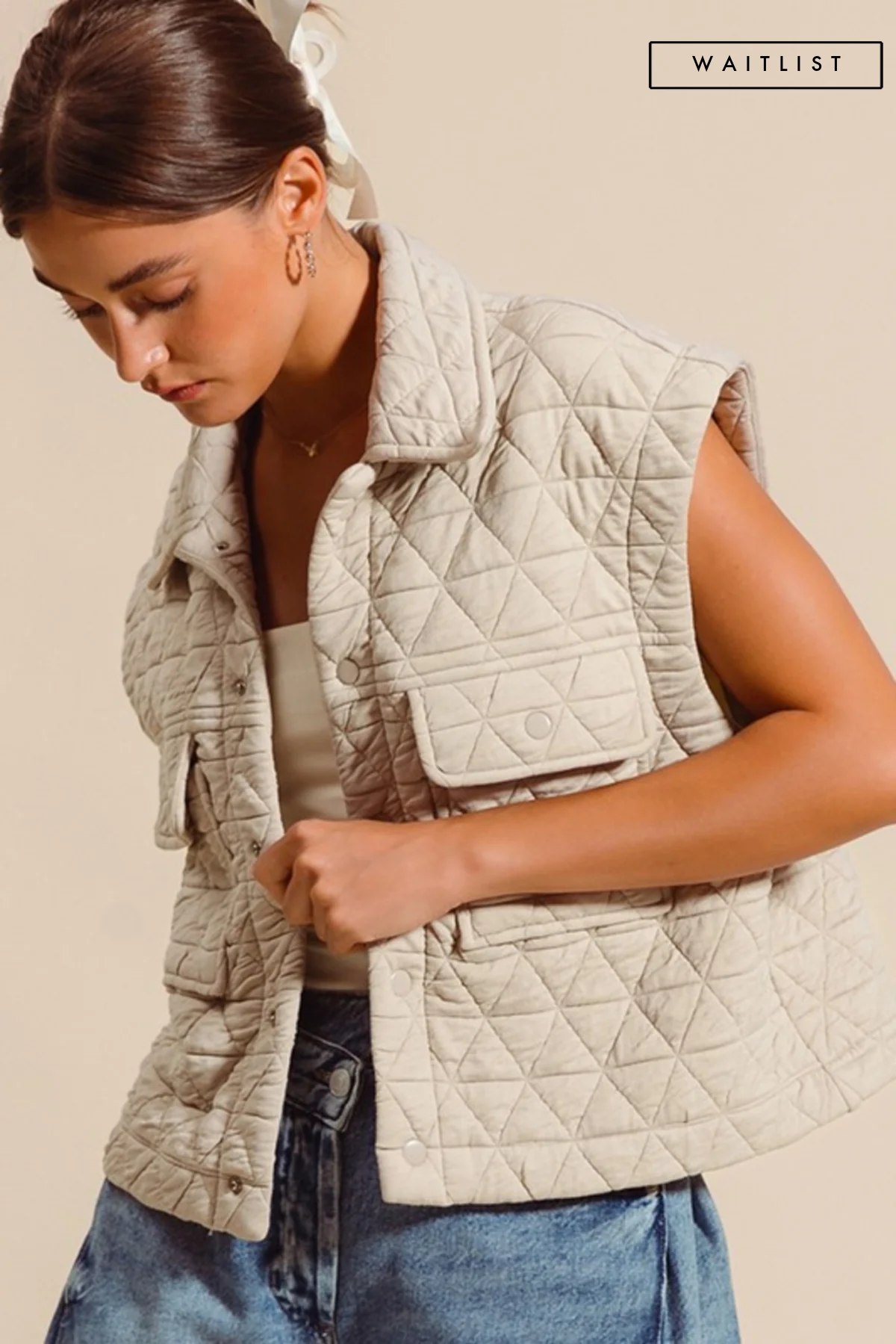 Waitlist 9/8 ♥ Janine Sleeveless Button Down Quilted Vest Nude