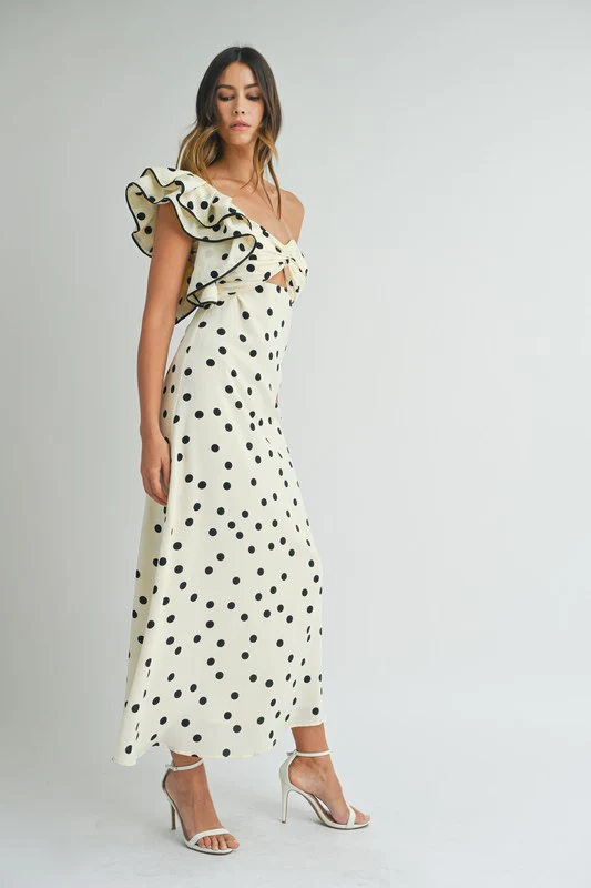 Monique One Shoulder Polka Dot Print Maxi Dress Cream