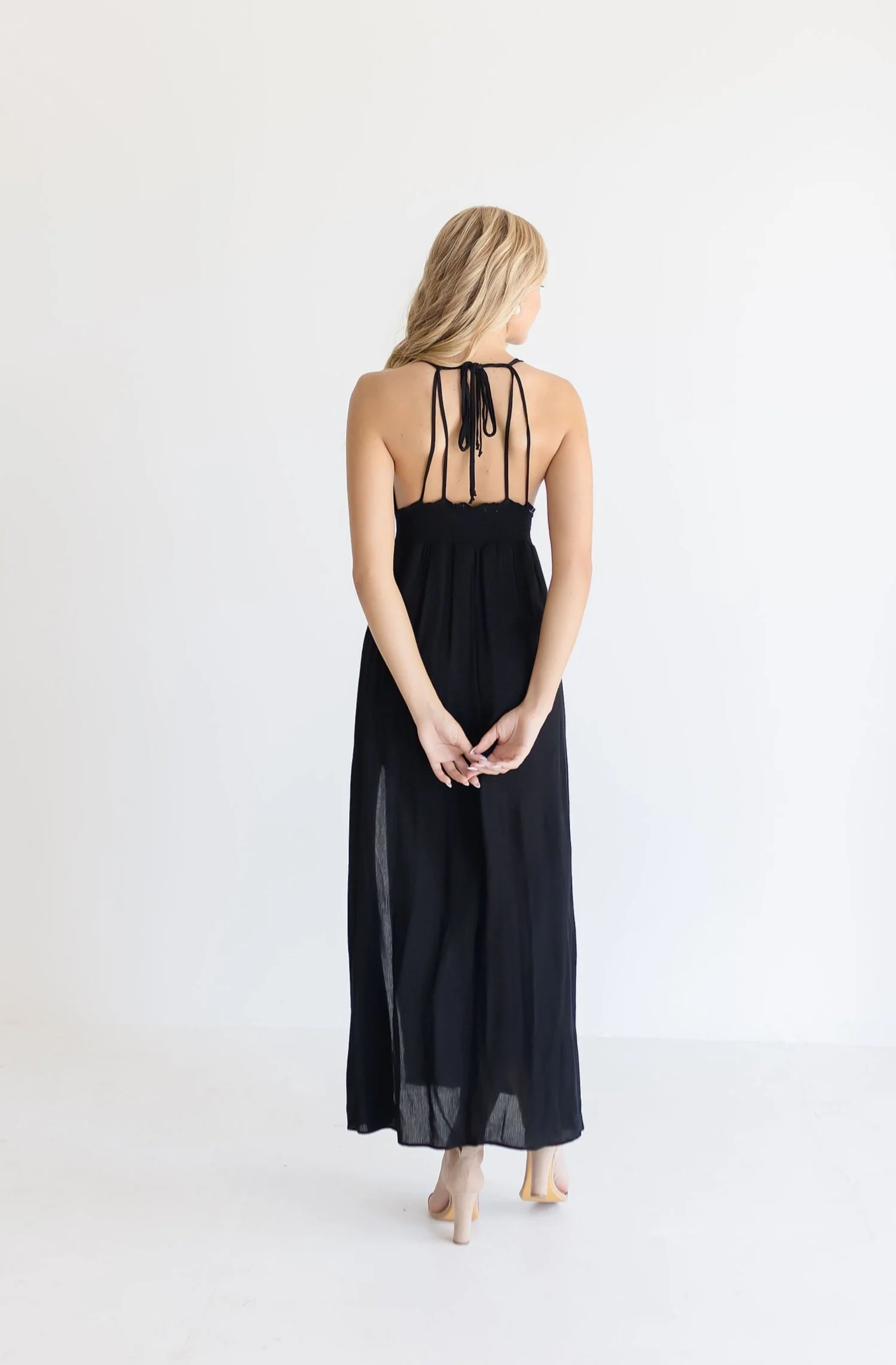 Astrid Open Back Halter Tie Maxi Dress Black