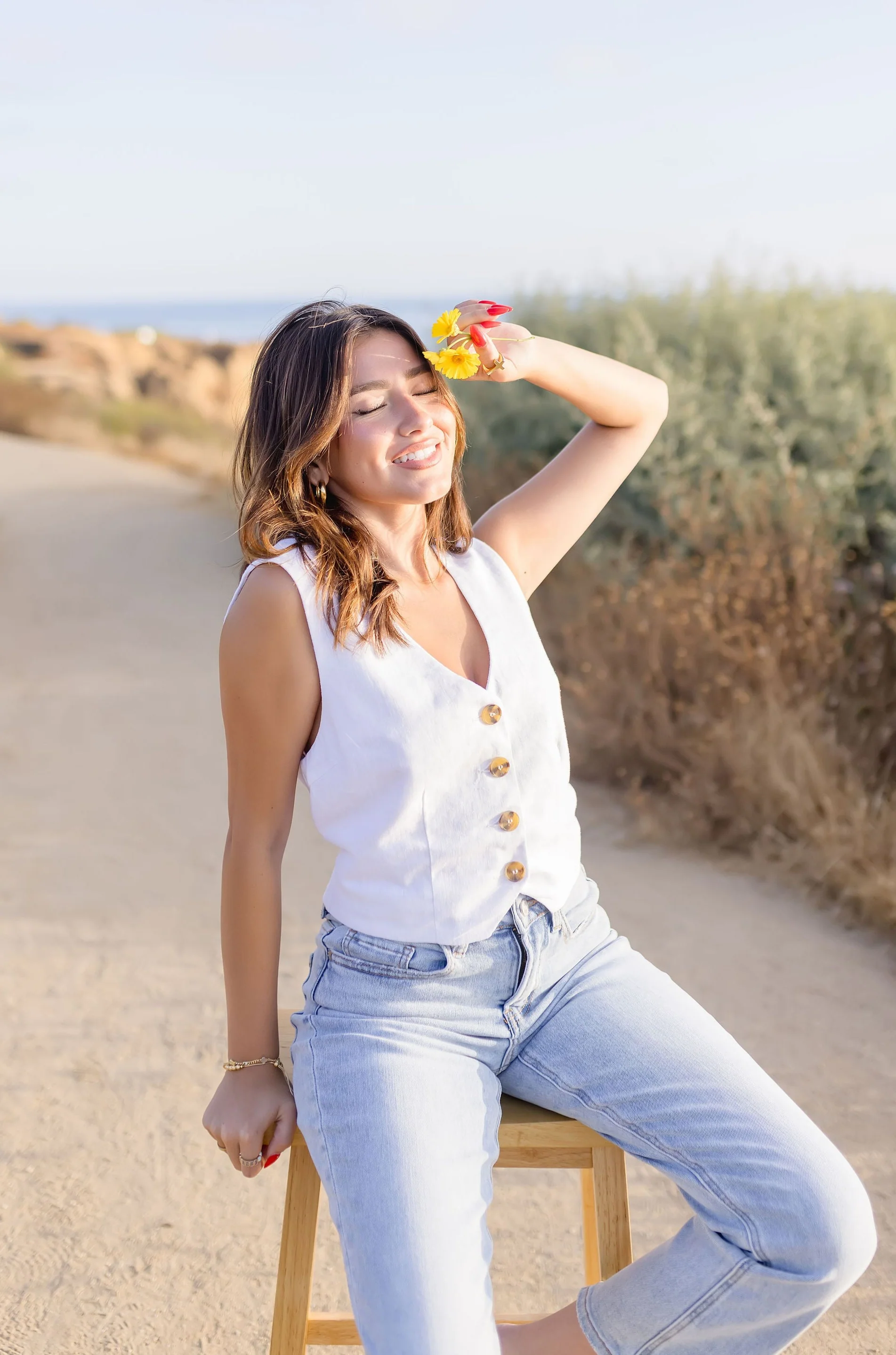 Amy Button Down Linen Vest White