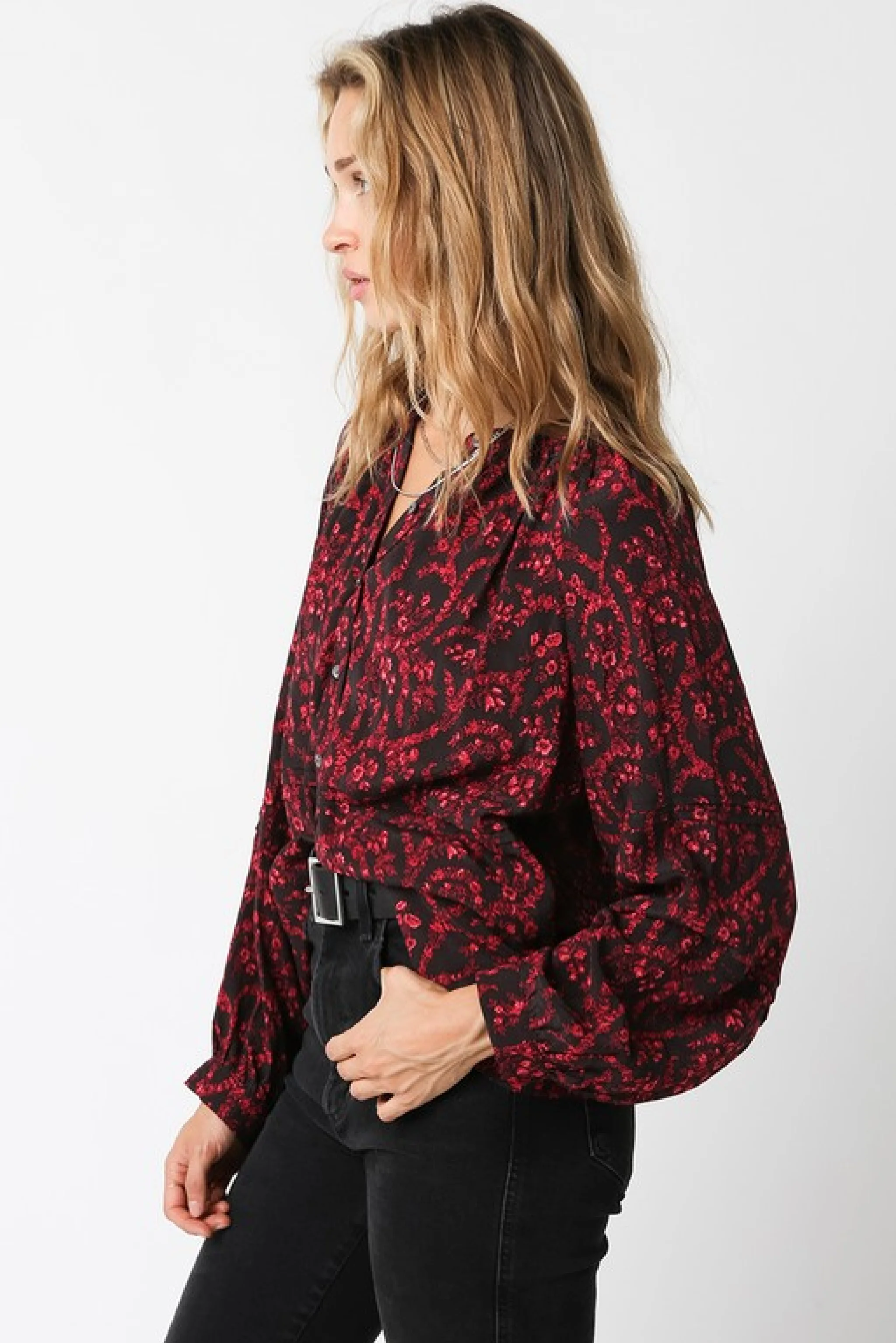 Waitlist 9/4 ♥ Angelina Long Sleeve Abstract Print Top Red