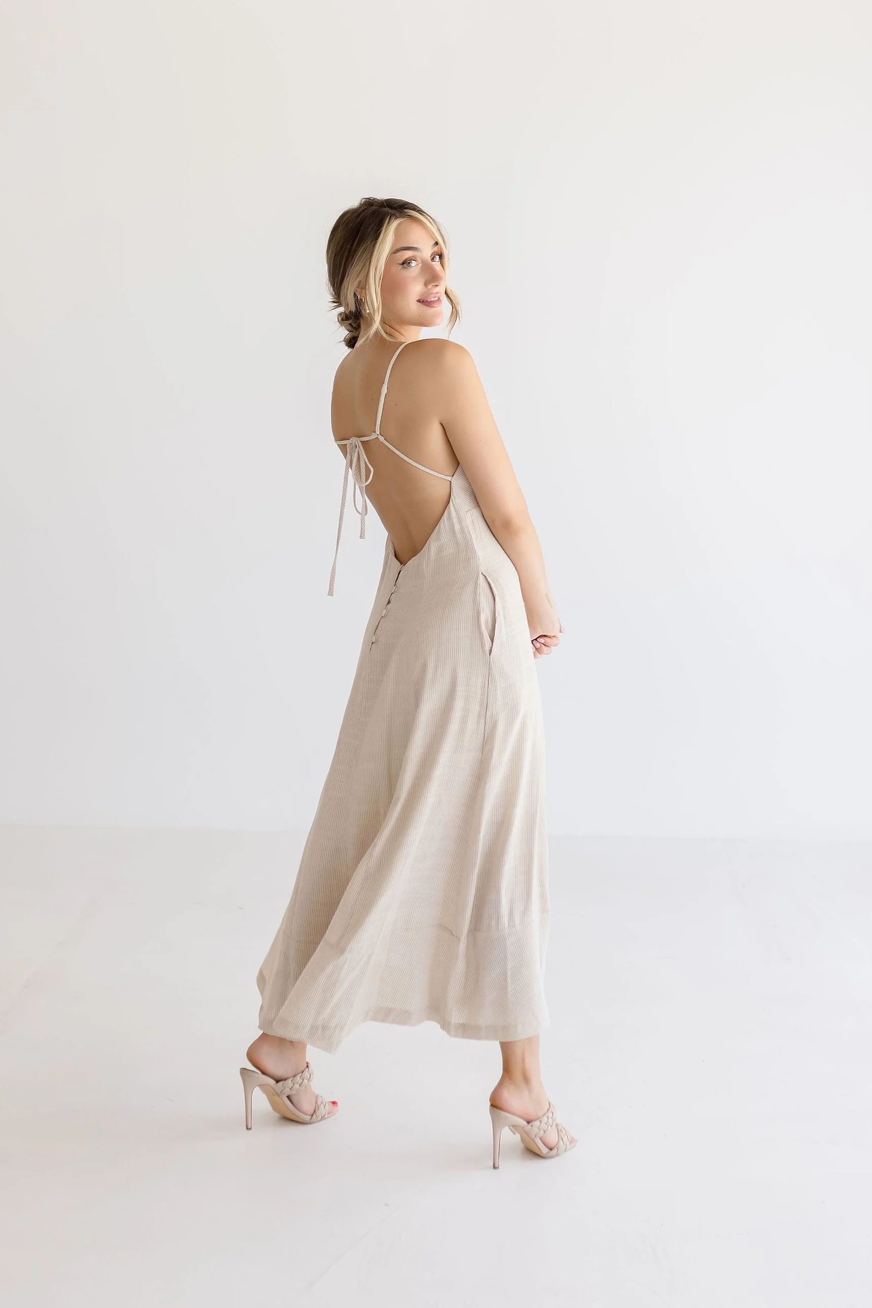 Britton Sleeveless Open Back Stripe Linen Maxi Dress Taupe