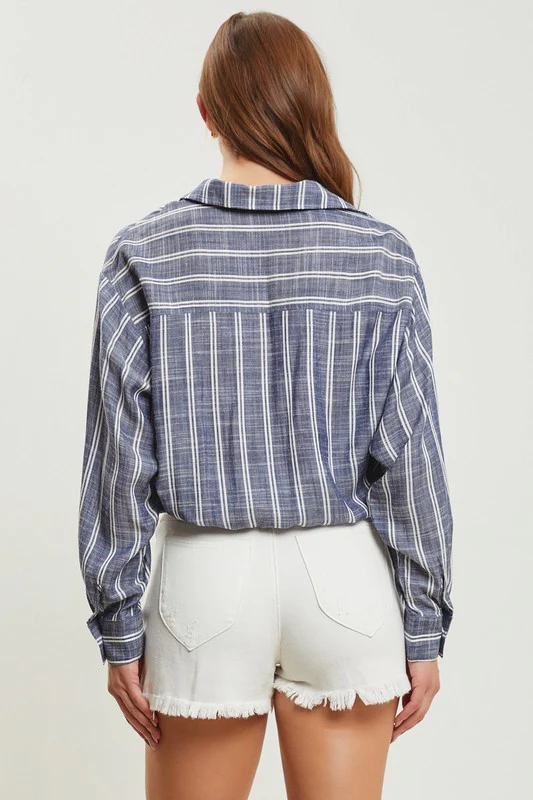 Colleen Long Sleeve Drawstring Stripe Print Top Blue