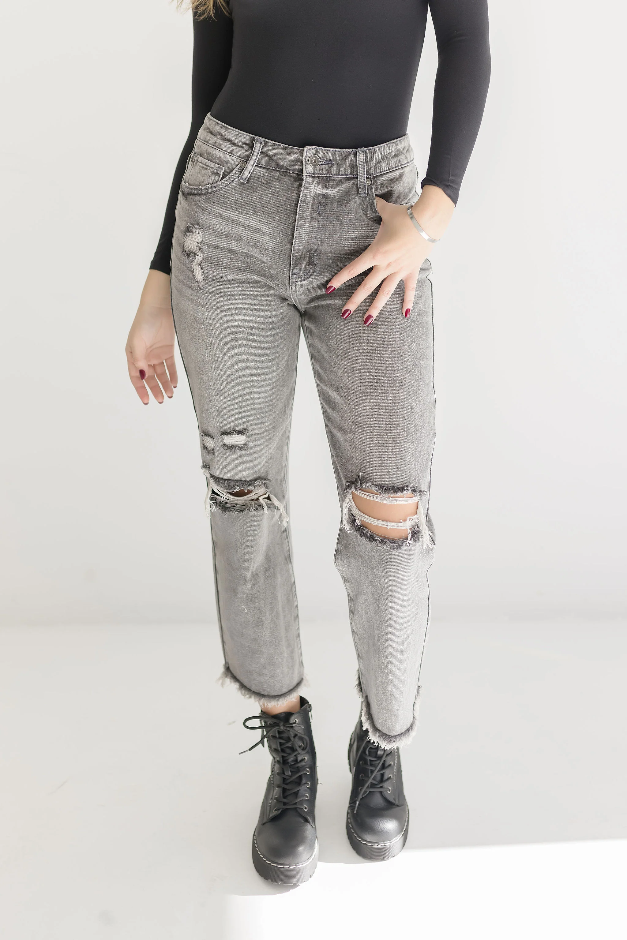 Caroline High Rise Distressed Jeans Grey