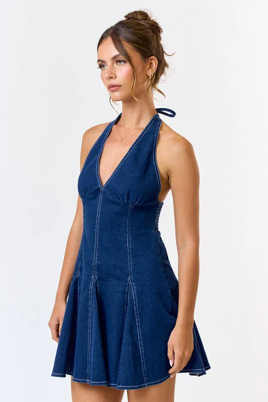 Anita Sleeveless Halter Denim Mini Dress Dark Wash