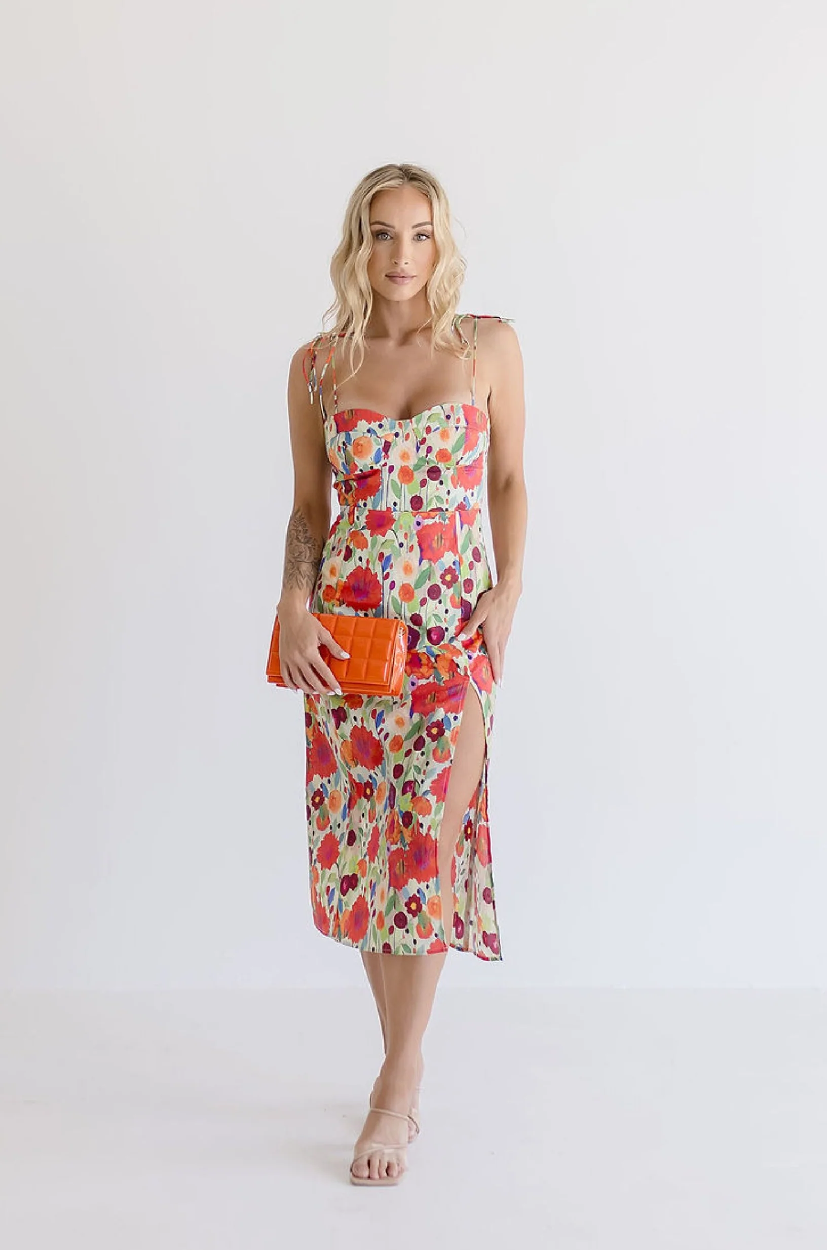 Shayla Sleeveless Shoulder Tie Floral Print Midi Dress Red