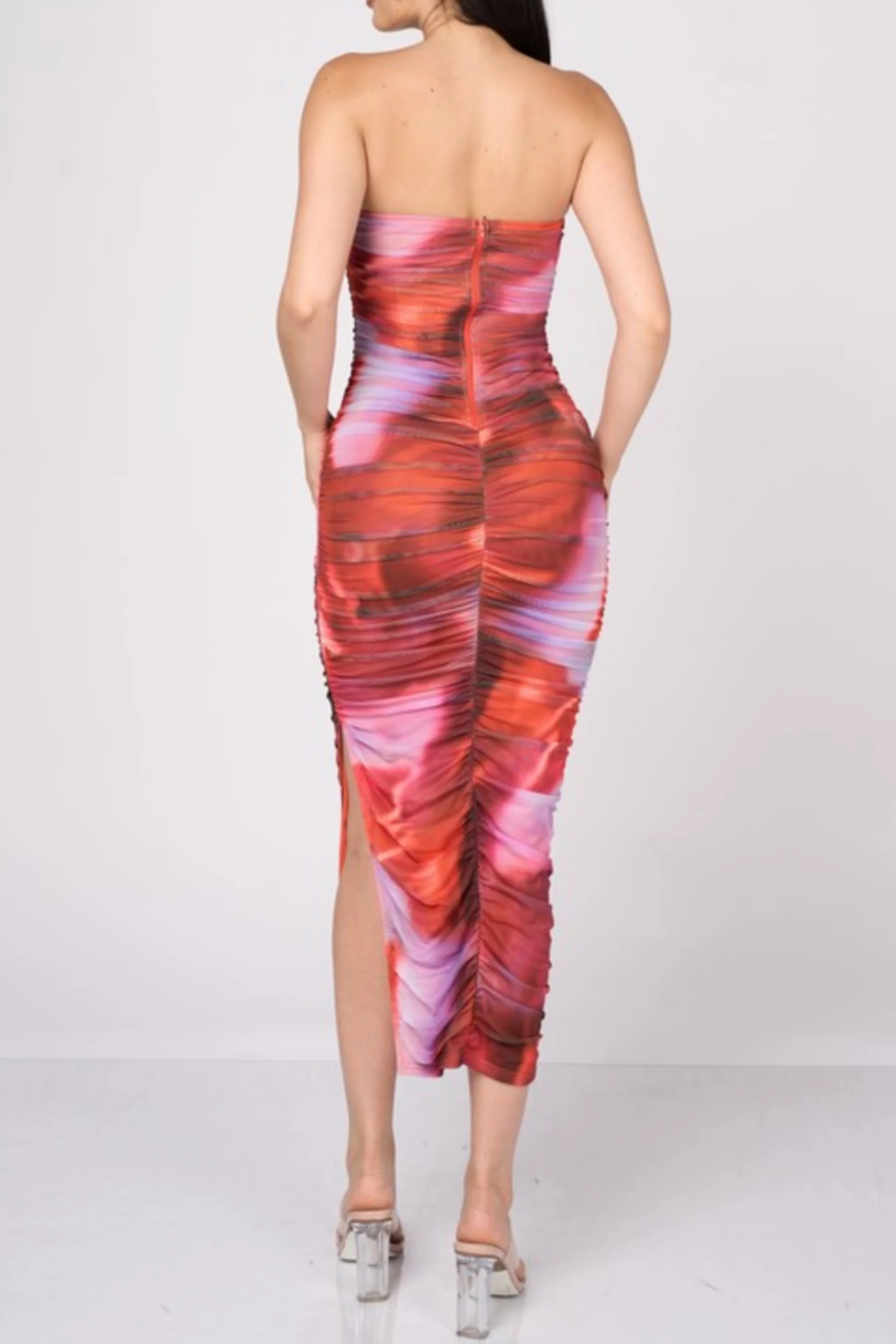 Rhiannon Sleeveless Abstract Print Mesh Midi Dress Red