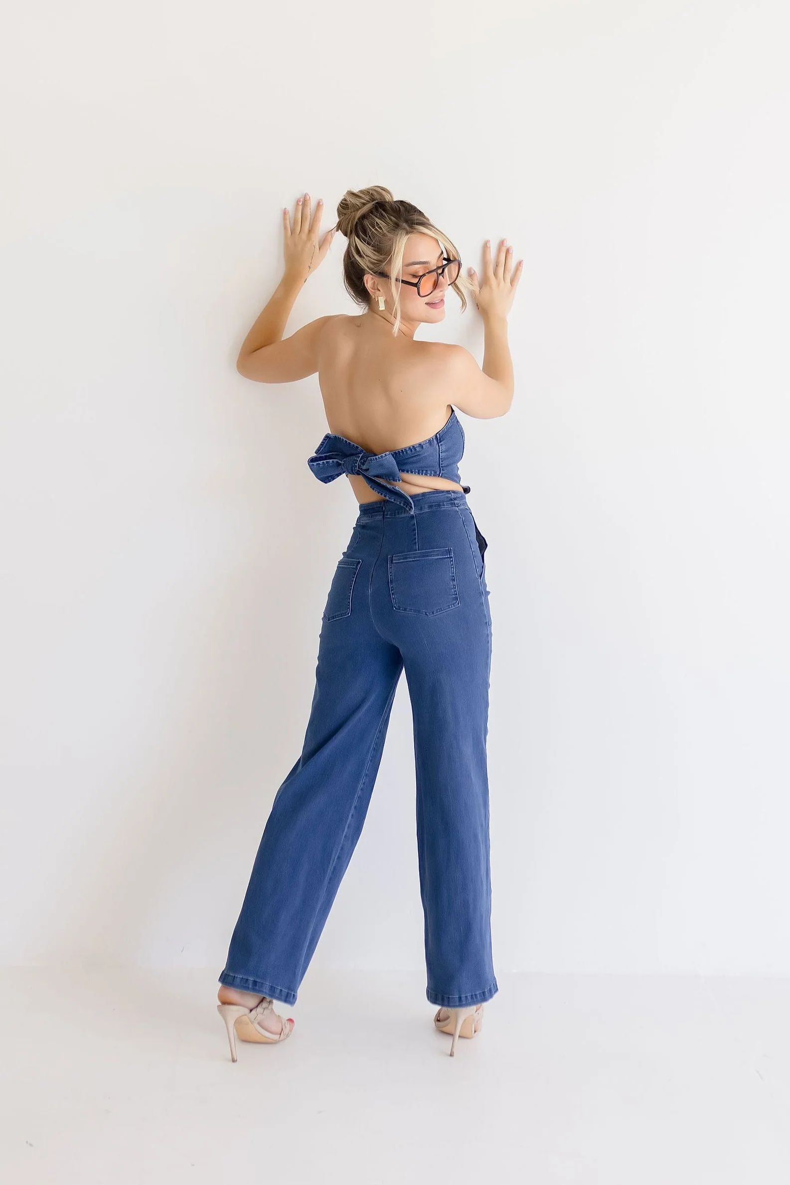 Charli Sleeveless Back Tie Wide Leg Denim Jumpsuit Dark Wash