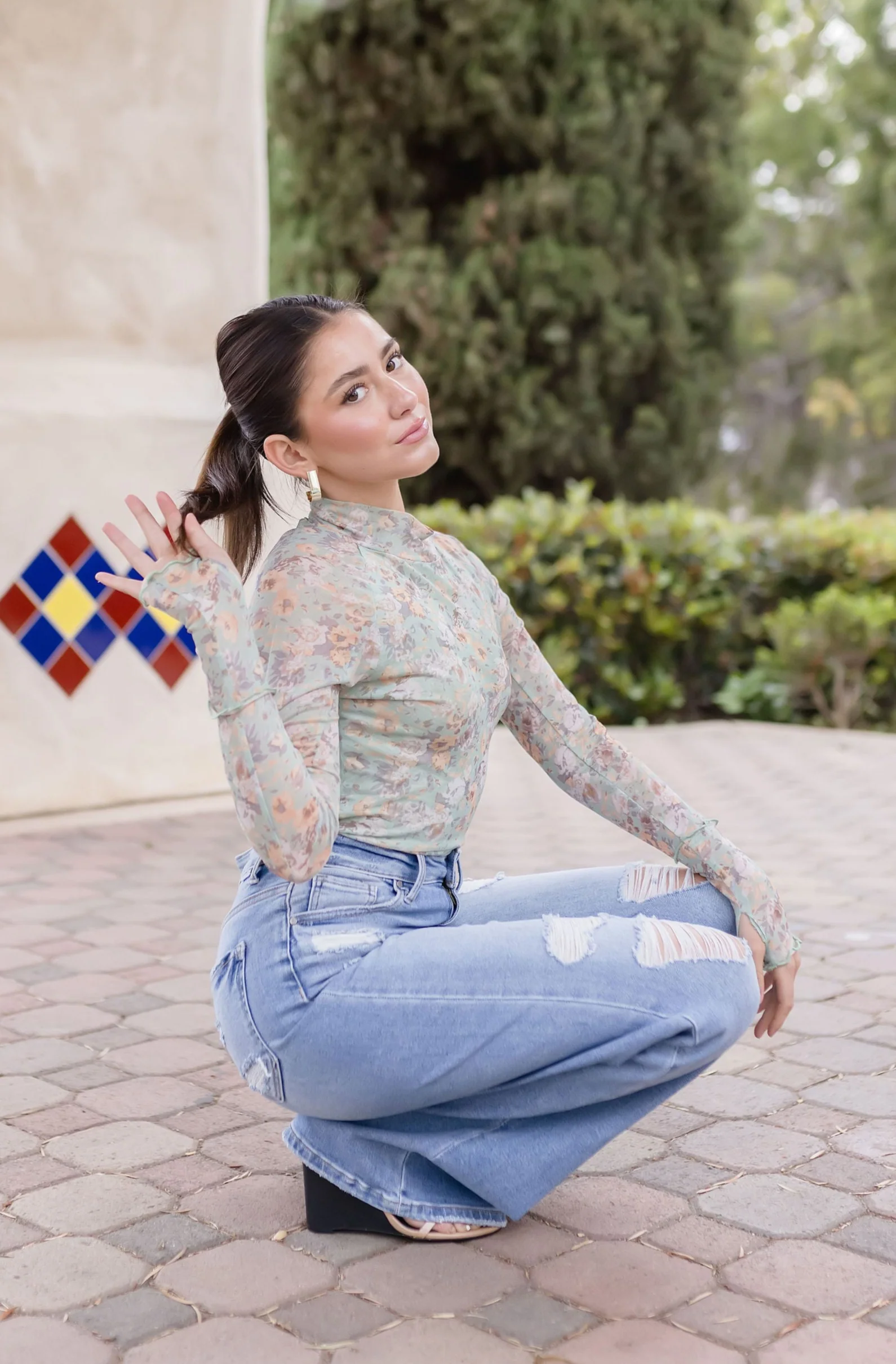 Wren Long Sleeve Floral Print Mesh Top Sage